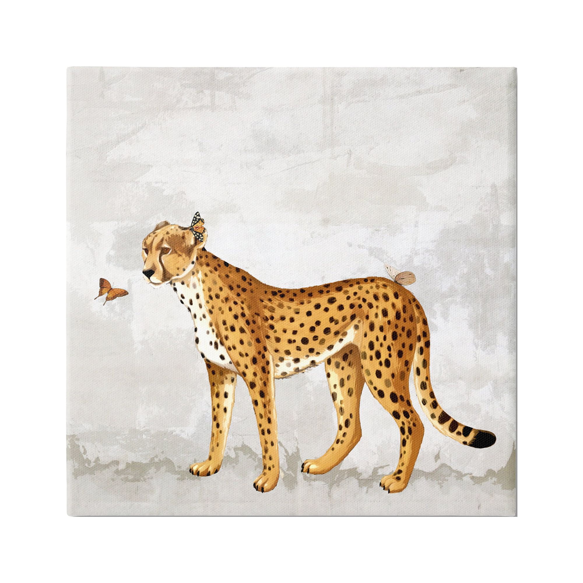 17" Square Beige Canvas Art with Leopard and Butterfly