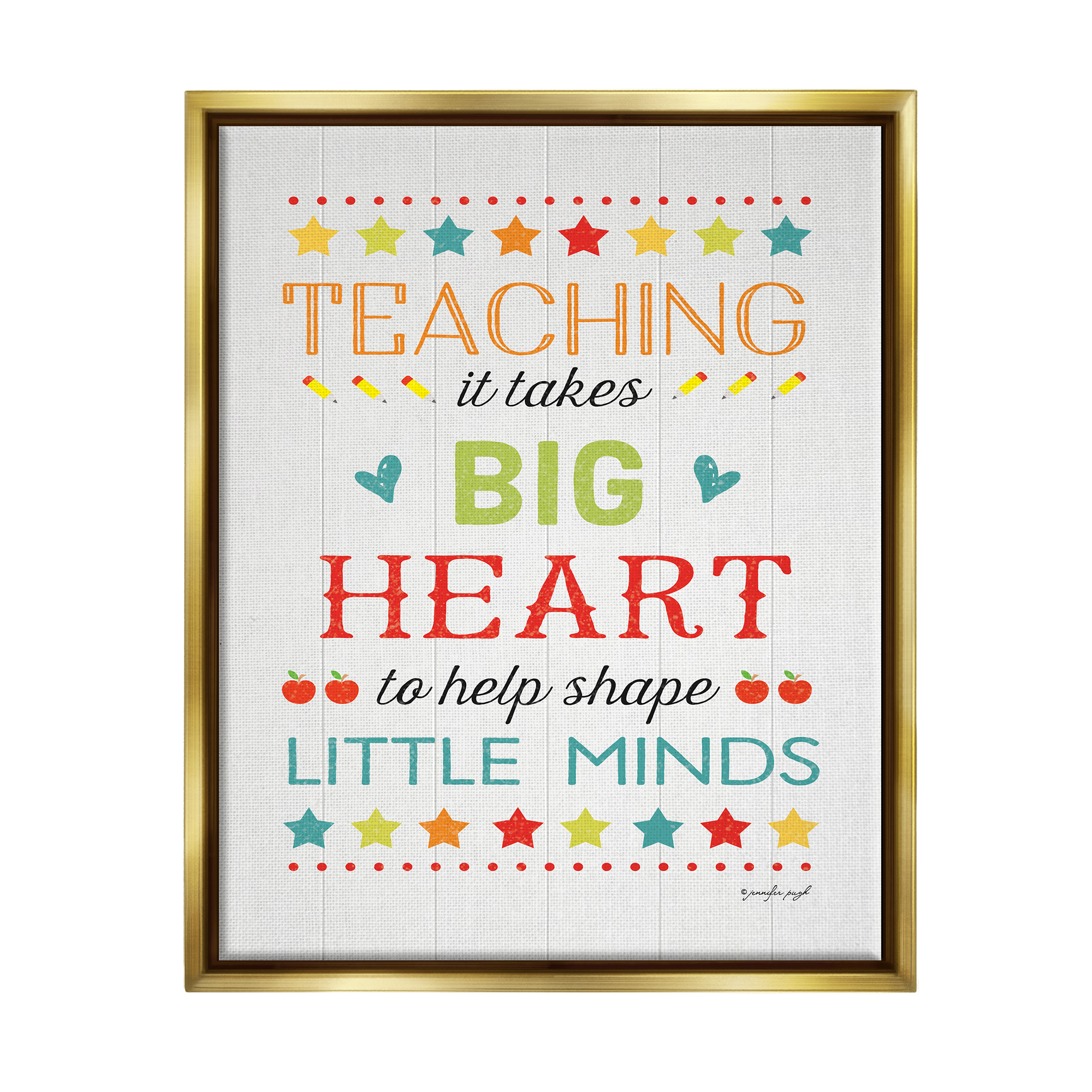 Stupell Big Heart Shapes Little Minds Teaching Inspirational Painting Gold Floater Framed Art Print Wall Art