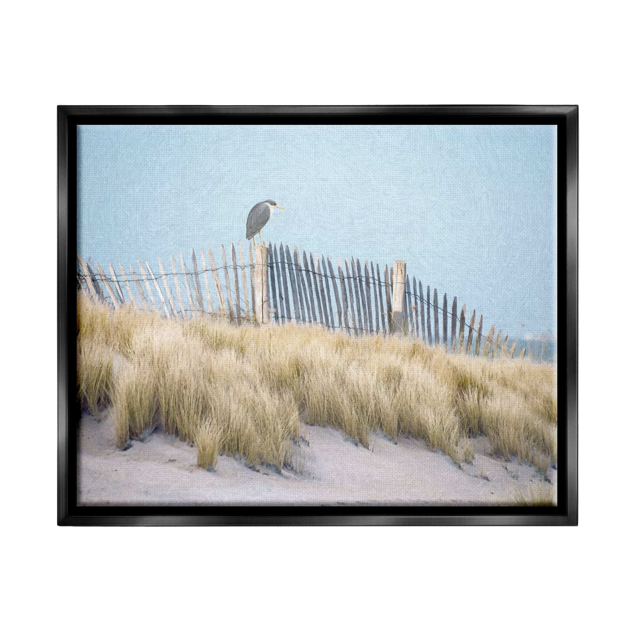 Stupell Bird Perched Nautical Beach Fence Landscape Painting Black Floater Framed Art Print Wall Art
