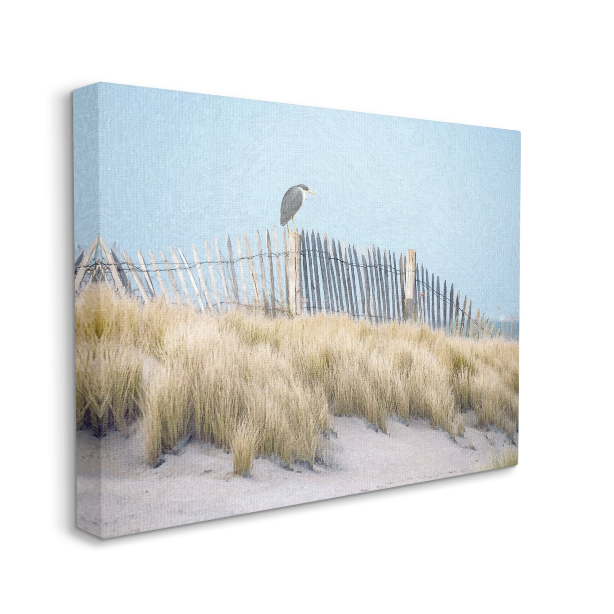 Stupell Bird Perched Nautical Beach Fence Landscape Painting Gallery Wrapped Canvas Print Wall Art