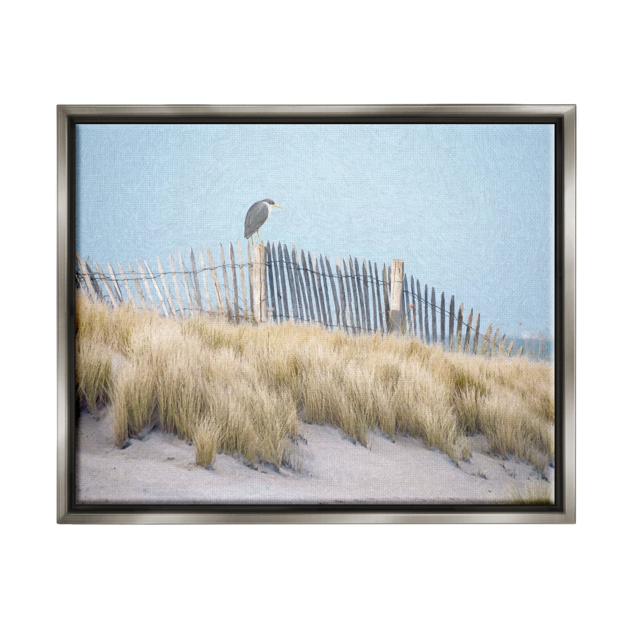 Stupell Bird Perched Nautical Beach Fence Landscape Painting Gray Floater Framed Art Print Wall Art