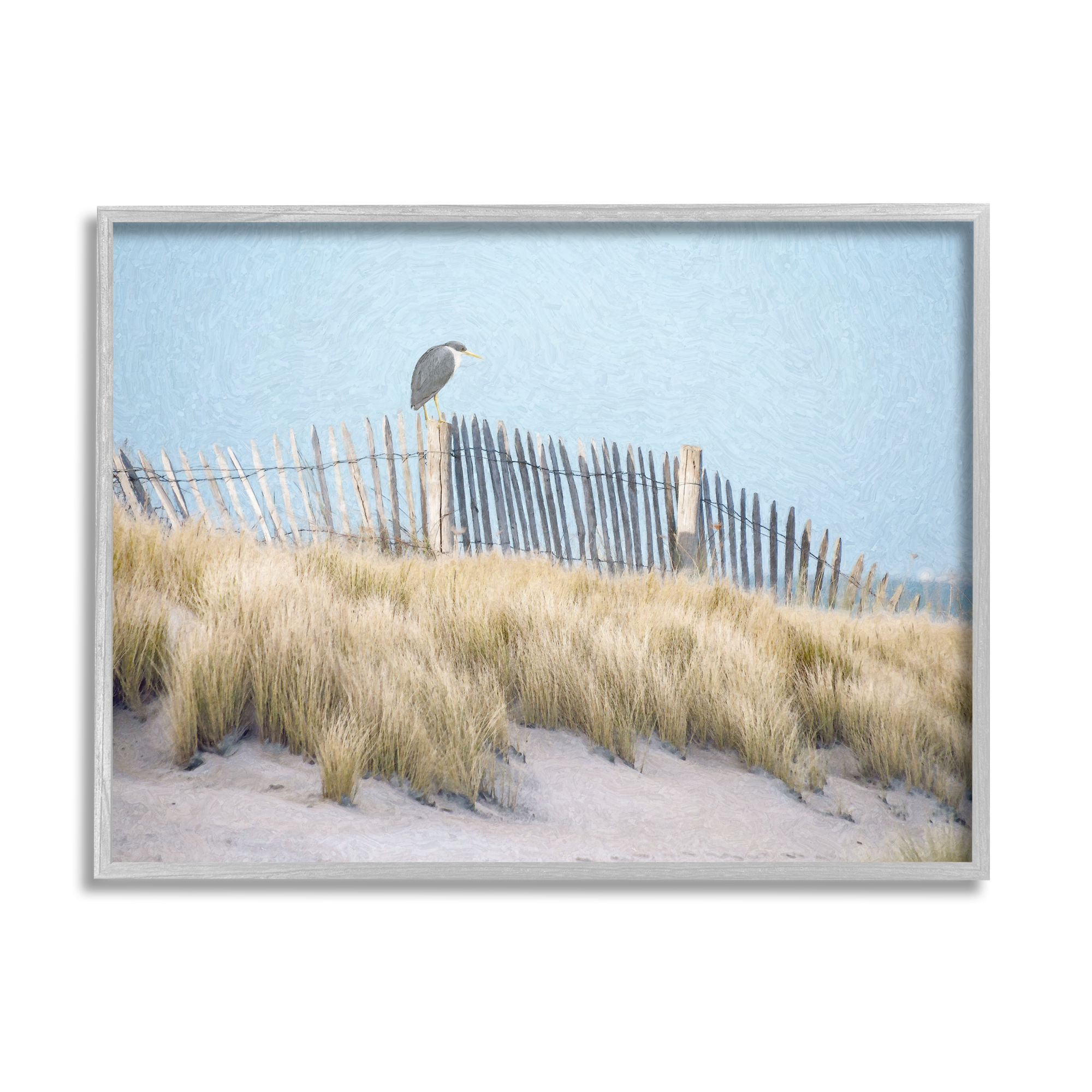 Stupell Bird Perched Nautical Beach Fence Landscape Painting Gray Framed Art Print Wall Art