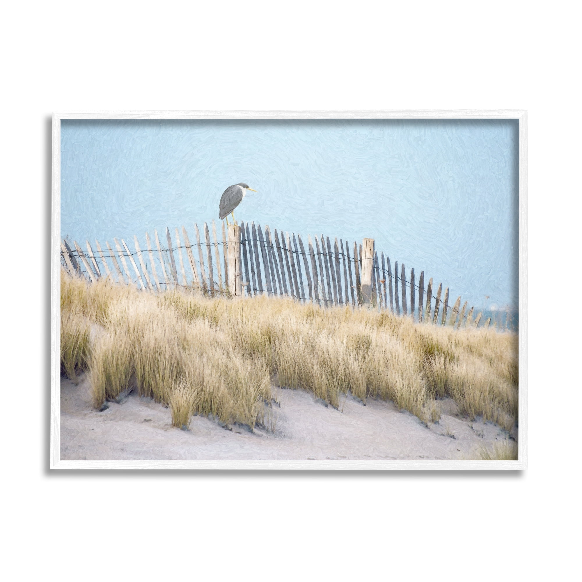Stupell Bird Perched Nautical Beach Fence Landscape Painting White Framed Art Print Wall Art