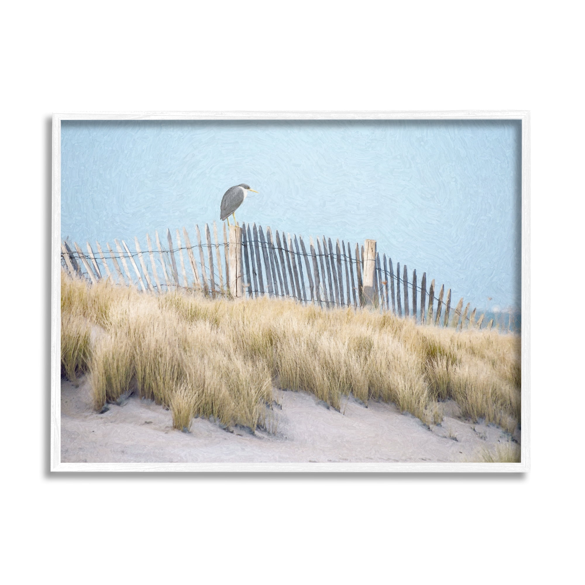 Stupell Bird Perched Nautical Beach Fence Landscape Painting White Framed Art Print Wall Art
