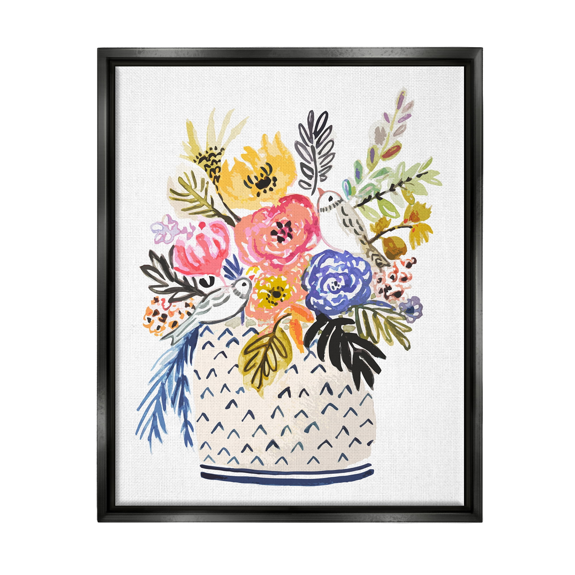 Stupell Birds Perched Fun Floral Blossoms Botanical & Floral Painting Black Floater Framed Art Print Wall Art