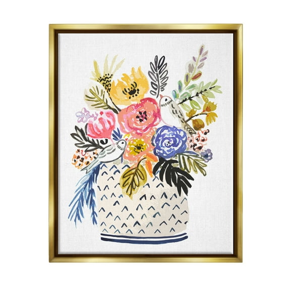 Stupell Birds Perched Fun Floral Blossoms Botanical & Floral Painting Gold Floater Framed Art Print Wall Art