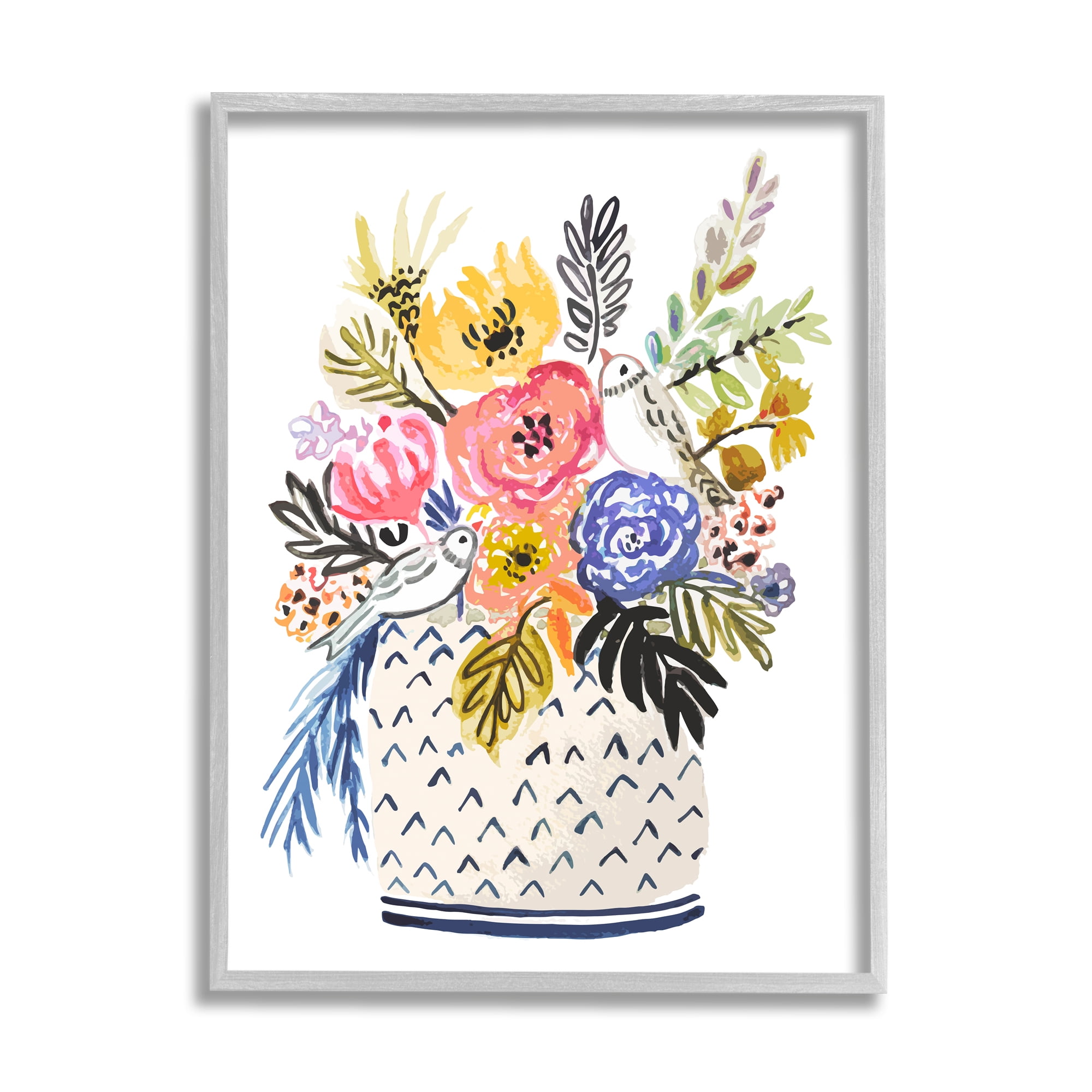 Stupell Birds Perched Fun Floral Blossoms Botanical & Floral Painting Gray Framed Art Print Wall Art