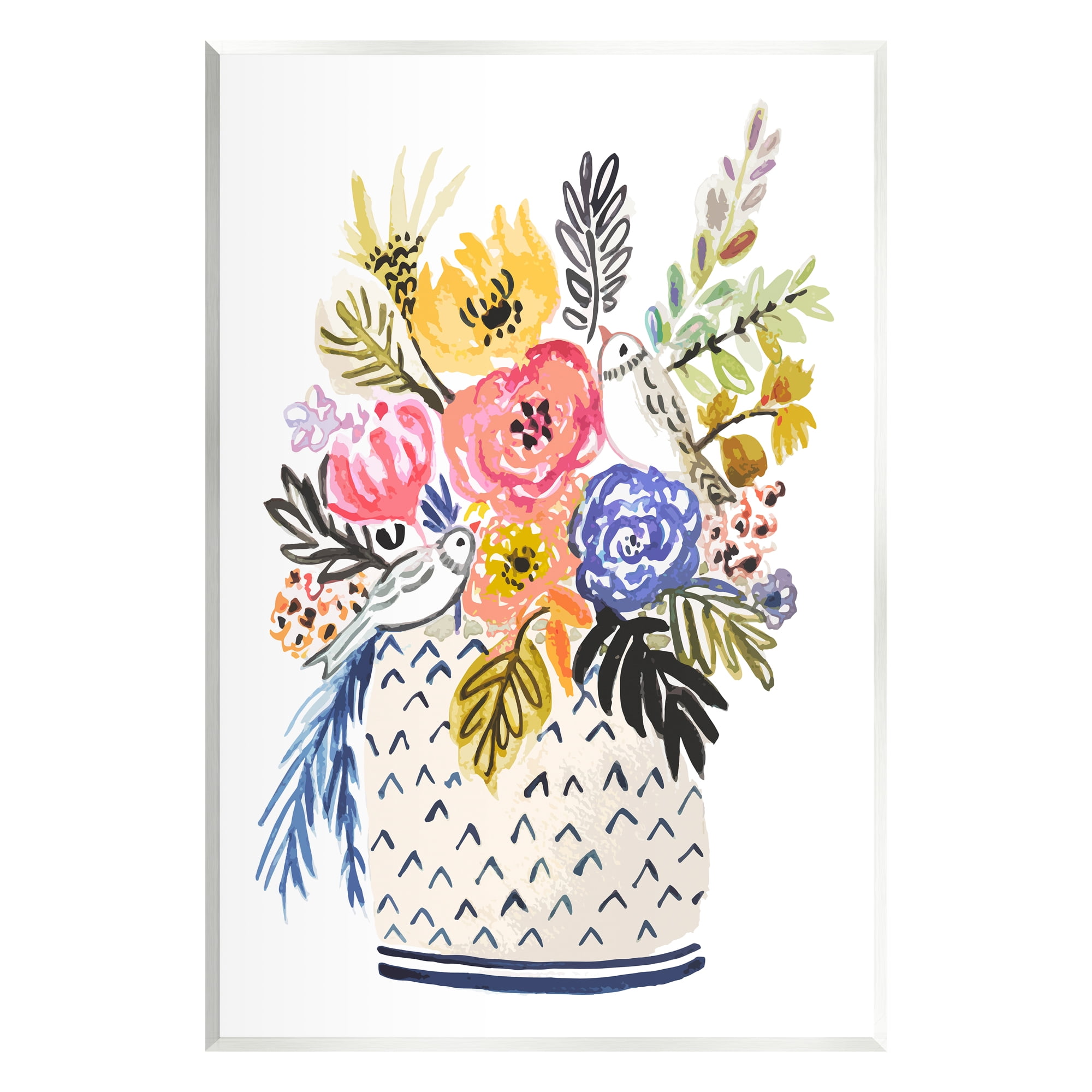 Stupell Birds Perched Fun Floral Blossoms Botanical & Floral Painting Wall Plaque Unframed Art Print Wall Art