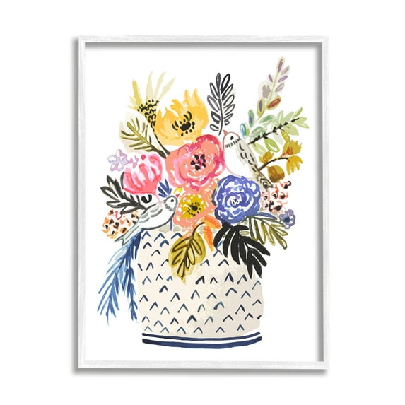 Stupell Birds Perched Fun Floral Blossoms Botanical & Floral Painting White Framed Art Print Wall Art