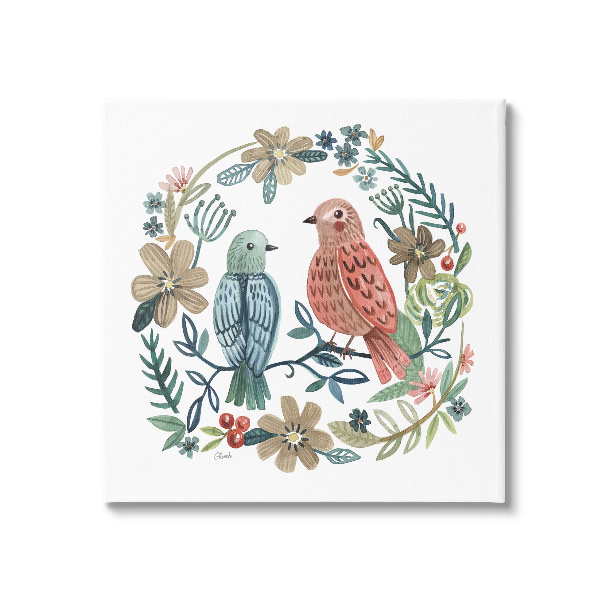 Stupell Birds Perched Natural Floral Wreath Animals & Insects Painting Gallery Wrapped Canvas Print Wall Art