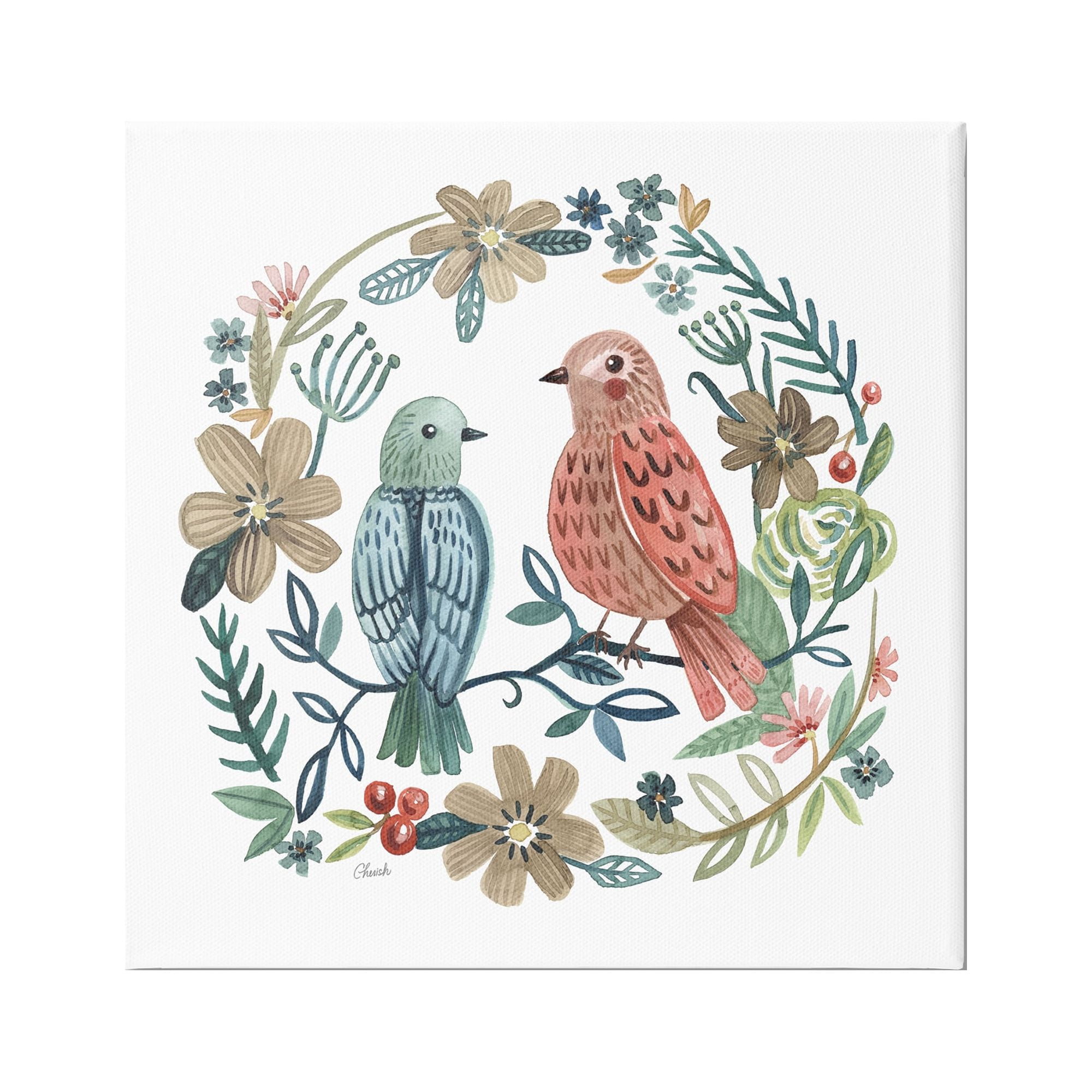 Stupell Birds Perched Natural Floral Wreath Animals & Insects Painting Gallery Wrapped Canvas Print Wall Art