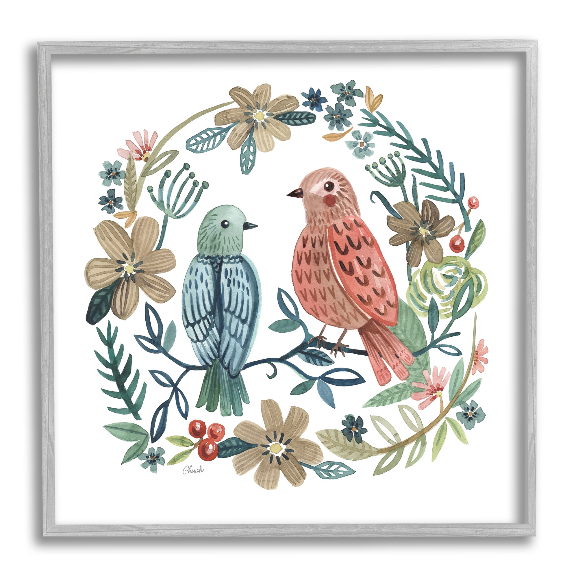 Stupell Birds Perched Natural Floral Wreath Animals & Insects Painting Gray Framed Art Print Wall Art