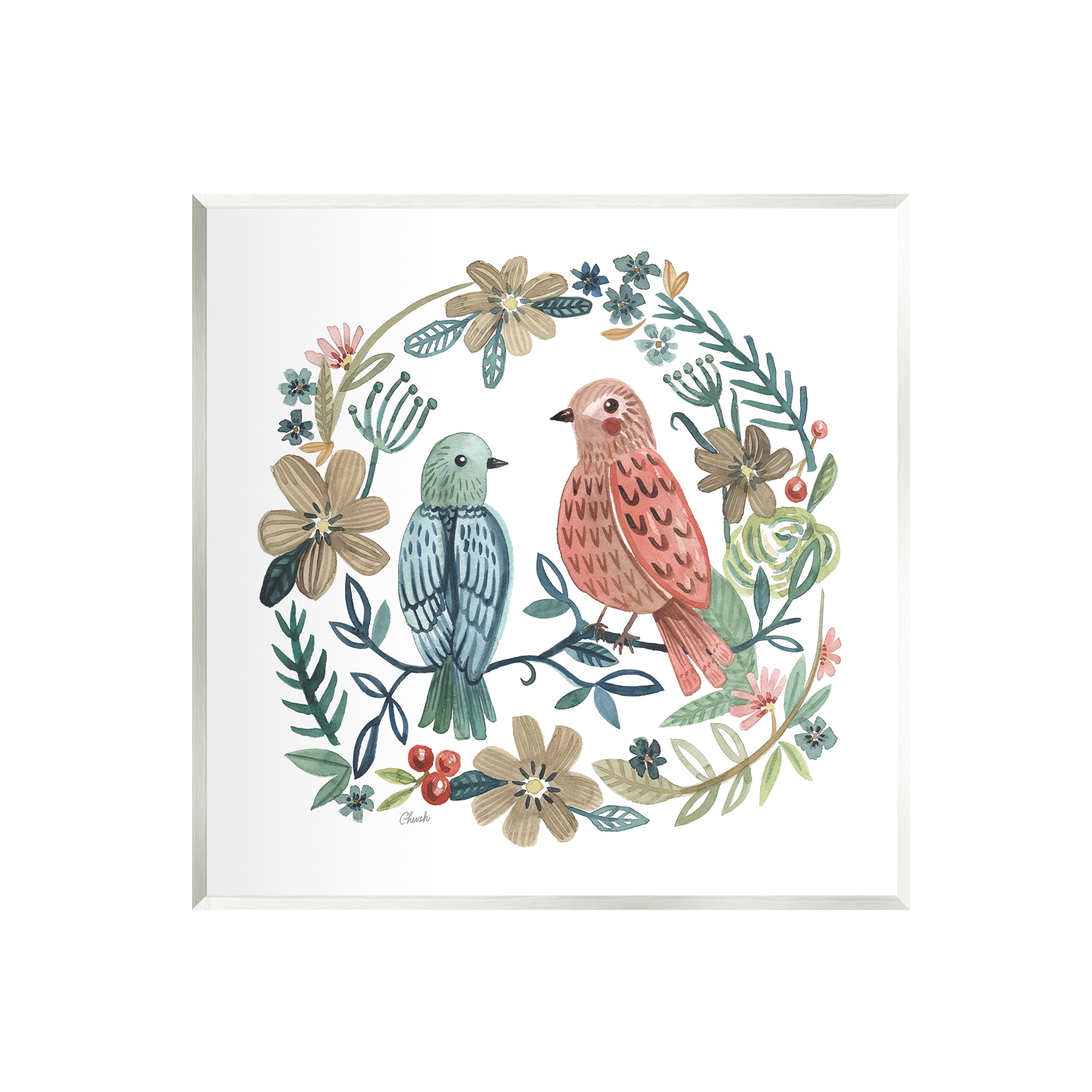 Stupell Birds Perched Natural Floral Wreath Animals & Insects Painting Wall Plaque Unframed Art Print Wall Art