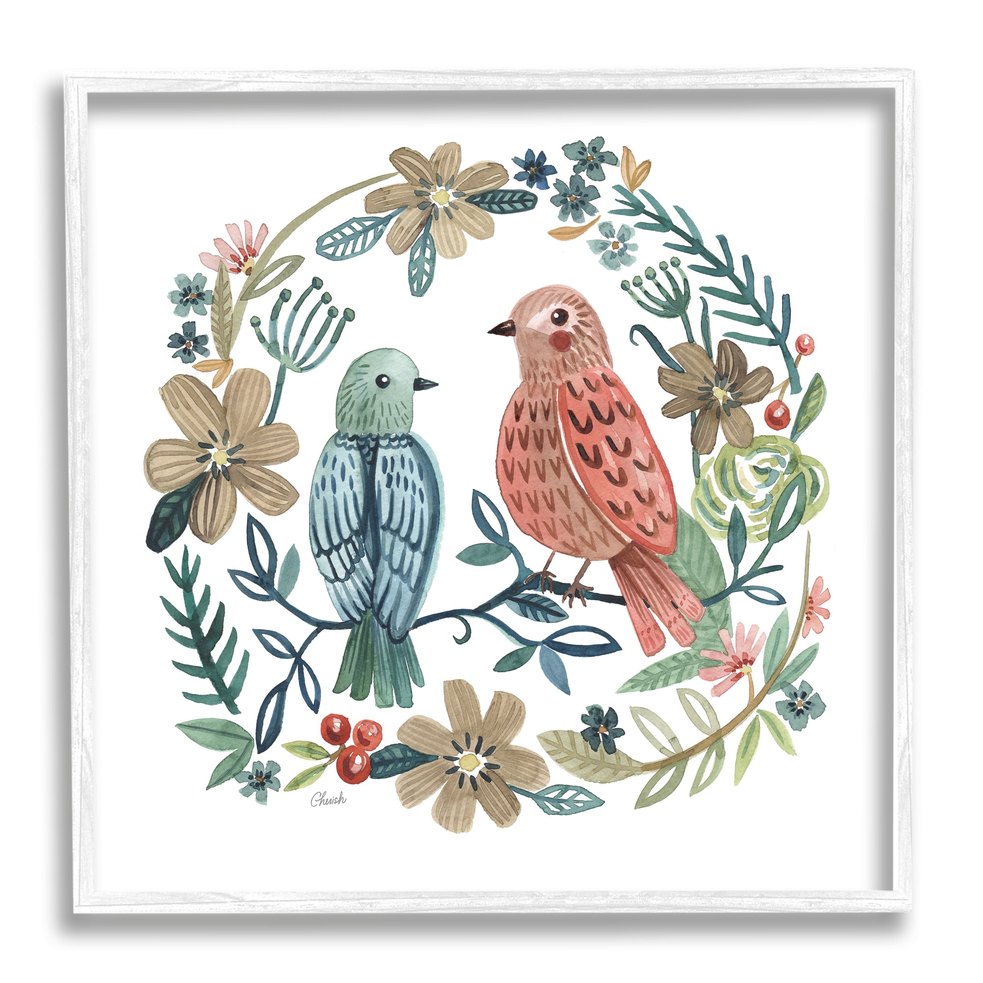 Stupell Birds Perched Natural Floral Wreath Animals & Insects Painting White Framed Art Print Wall Art