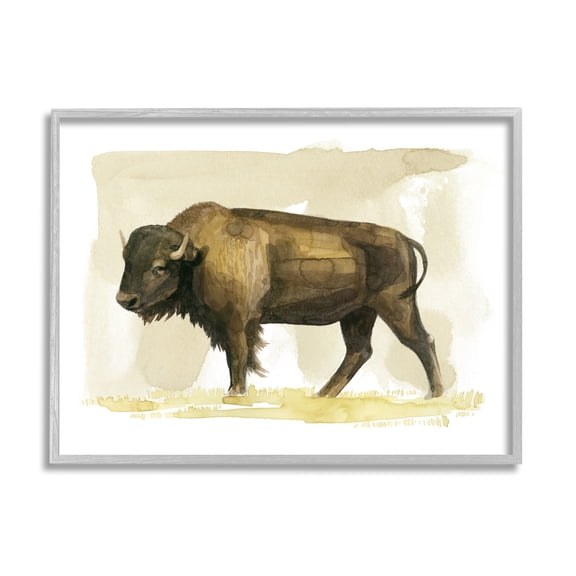 Stupell Bison Rural Animal Watercolor Animals & Insects Painting Gray Framed Art Print Wall Art