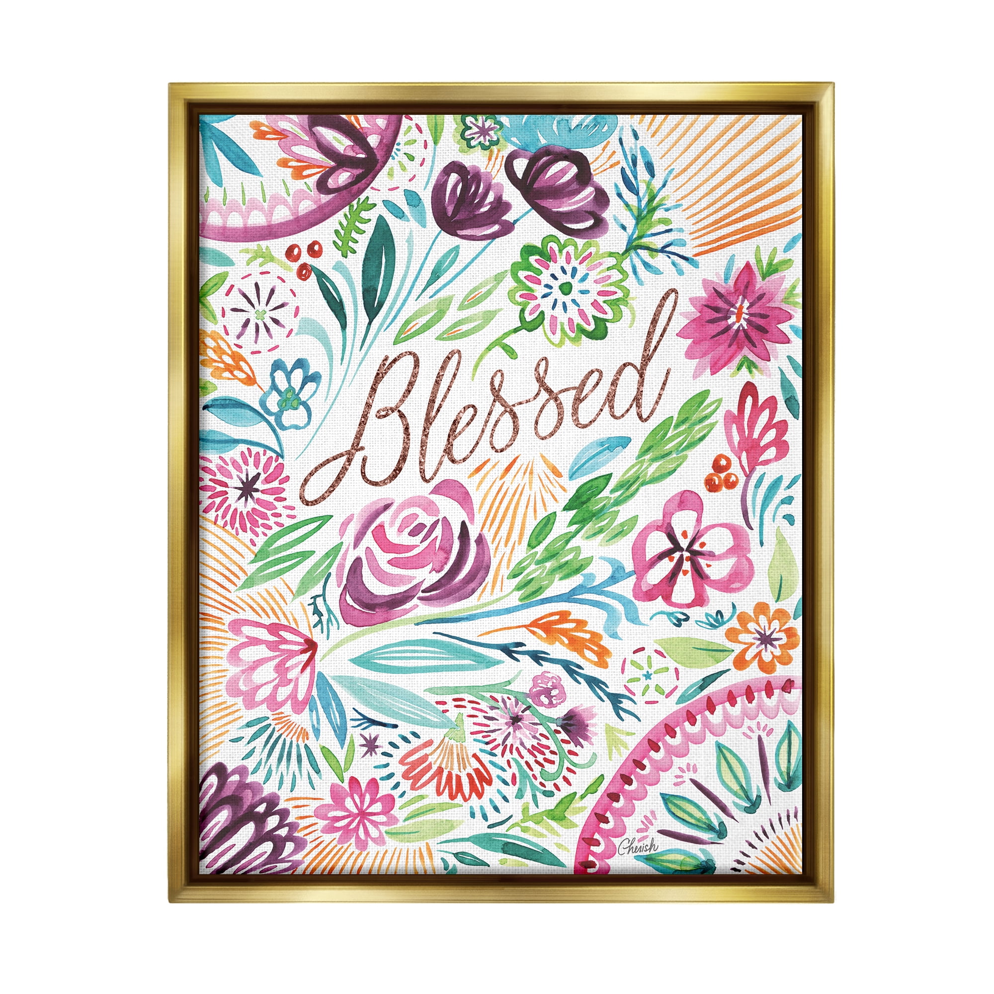 Stupell Blessed Whimsical Flower Shapes Botanical & Floral Painting Gold Floater Framed Art Print Wall Art