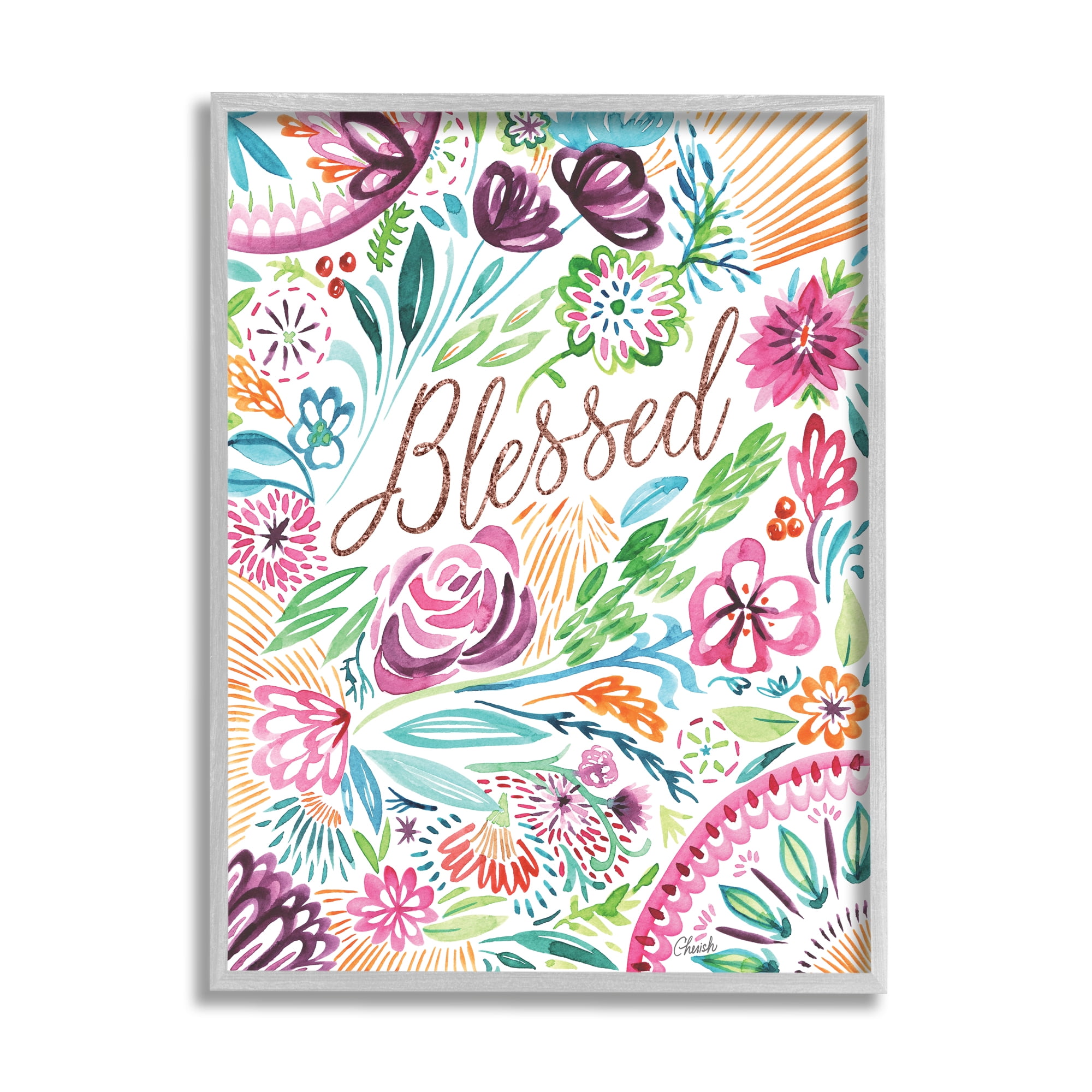 Stupell Blessed Whimsical Flower Shapes Botanical & Floral Painting Gray Framed Art Print Wall Art