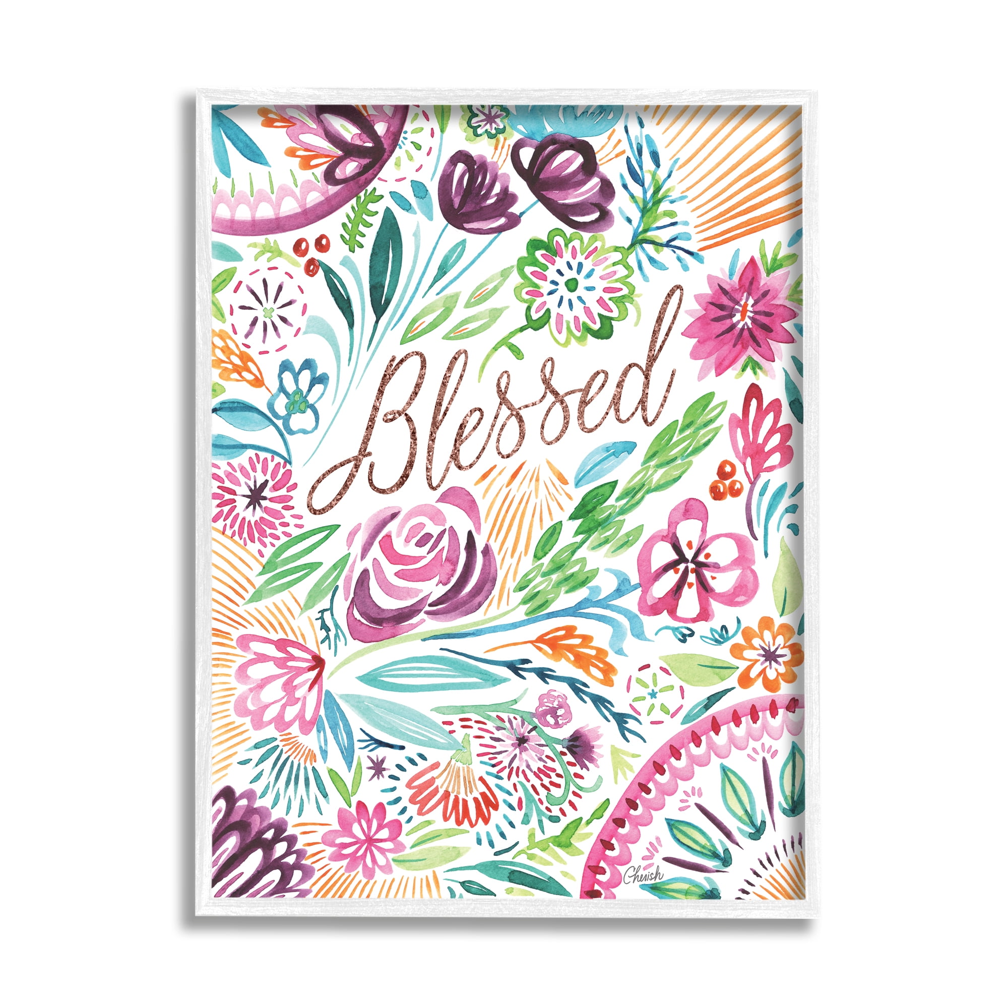 Stupell Blessed Whimsical Flower Shapes Botanical & Floral Painting White Framed Art Print Wall Art