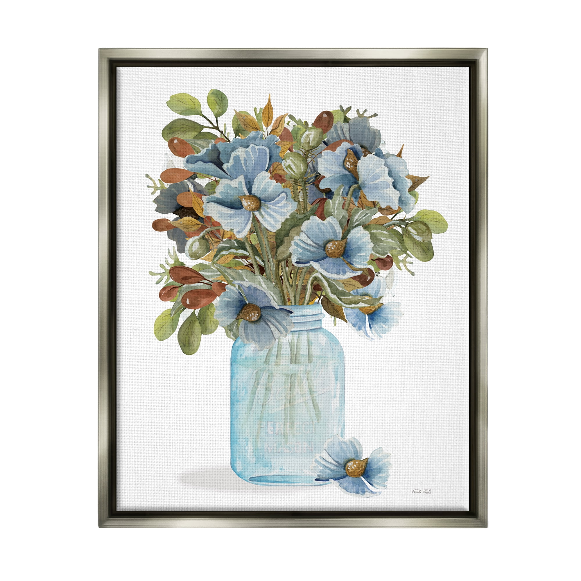Stupell Blue Blooming Floral Bouquet Botanical & Floral Painting Gray Floater Framed Art Print Wall Art