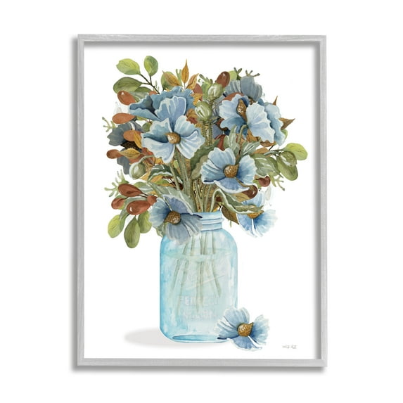 Stupell Blue Blooming Floral Bouquet Botanical & Floral Painting Gray Framed Art Print Wall Art