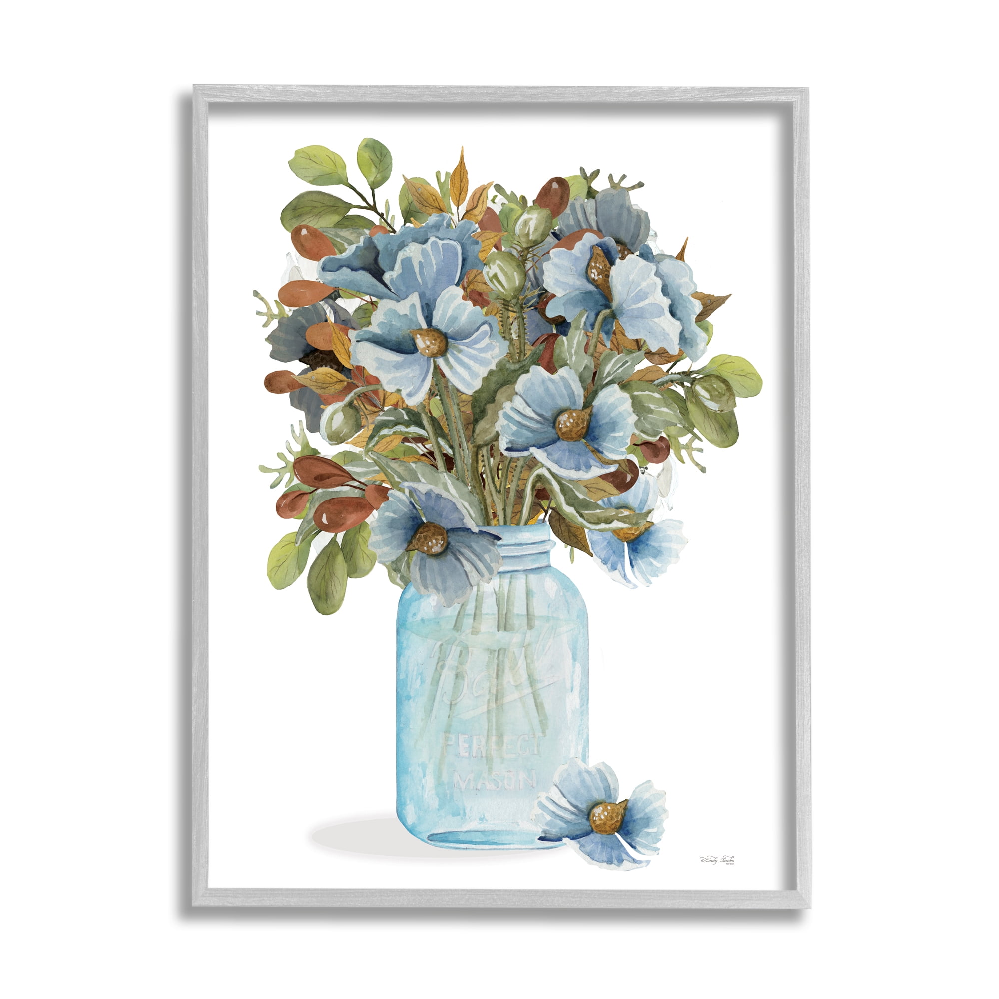 Stupell Blue Blooming Floral Bouquet Botanical & Floral Painting Gray Framed Art Print Wall Art