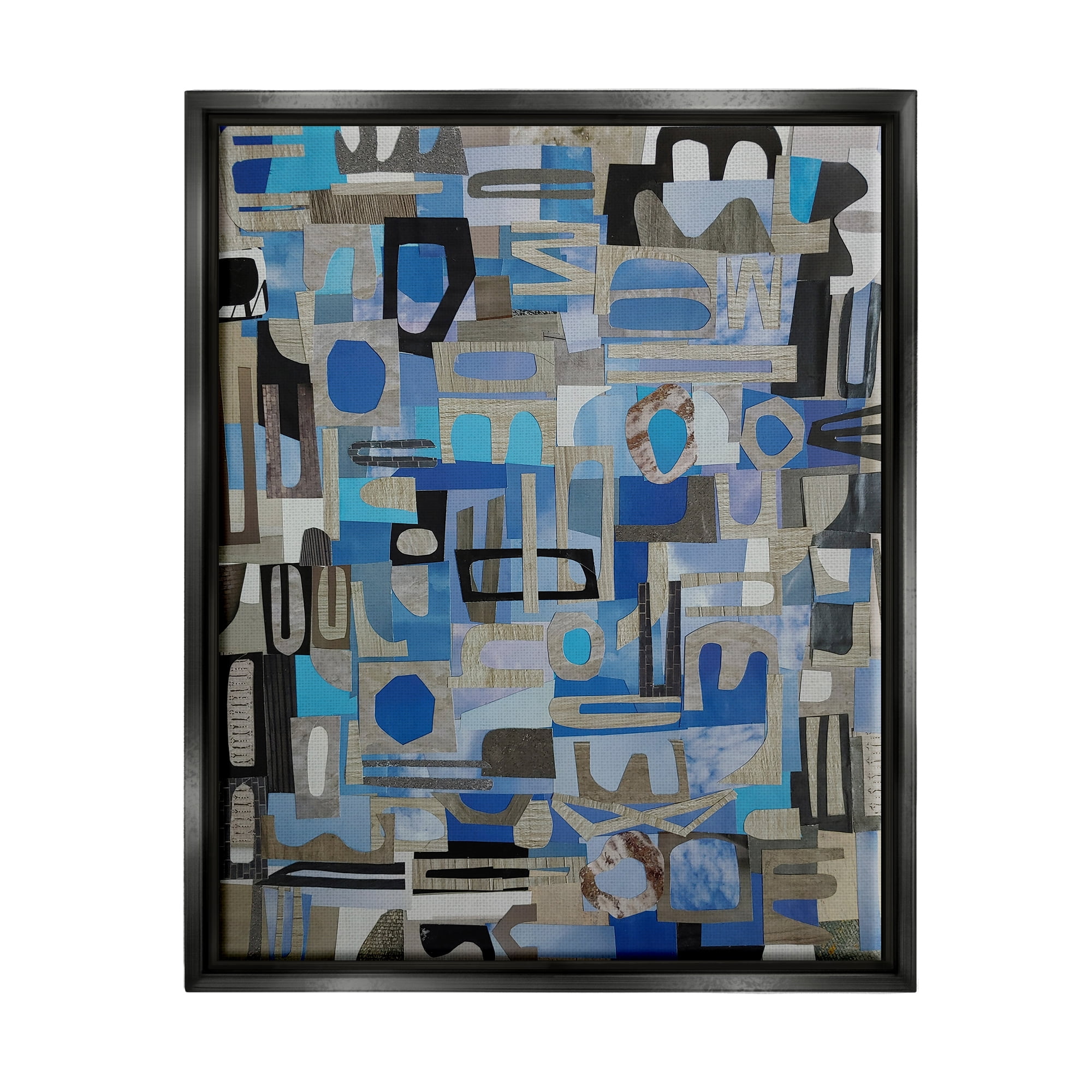Stupell Blue Geometric Shapes Collage Abstract Painting Black Floater Framed Art Print Wall Art