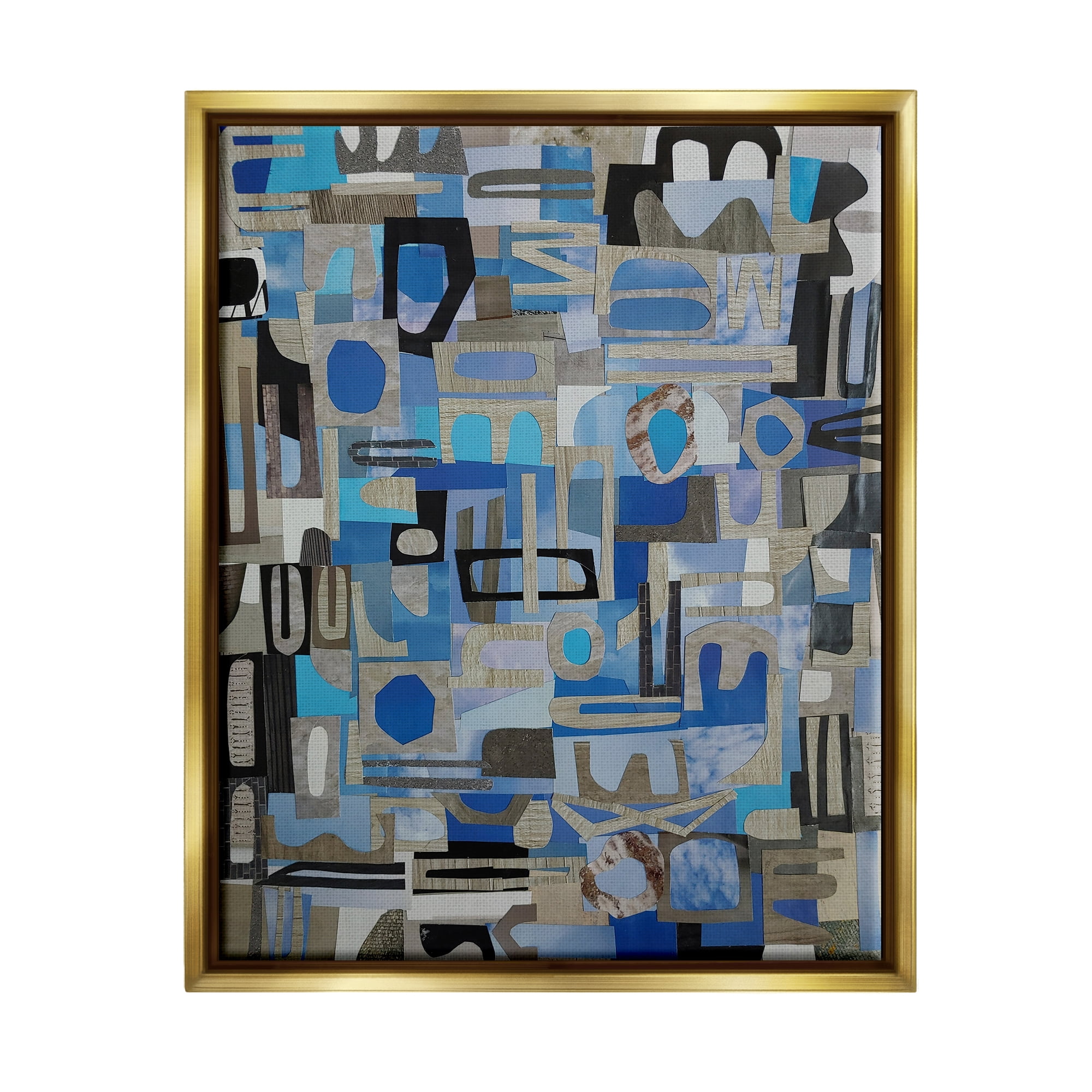Stupell Blue Geometric Shapes Collage Abstract Painting Gold Floater Framed Art Print Wall Art
