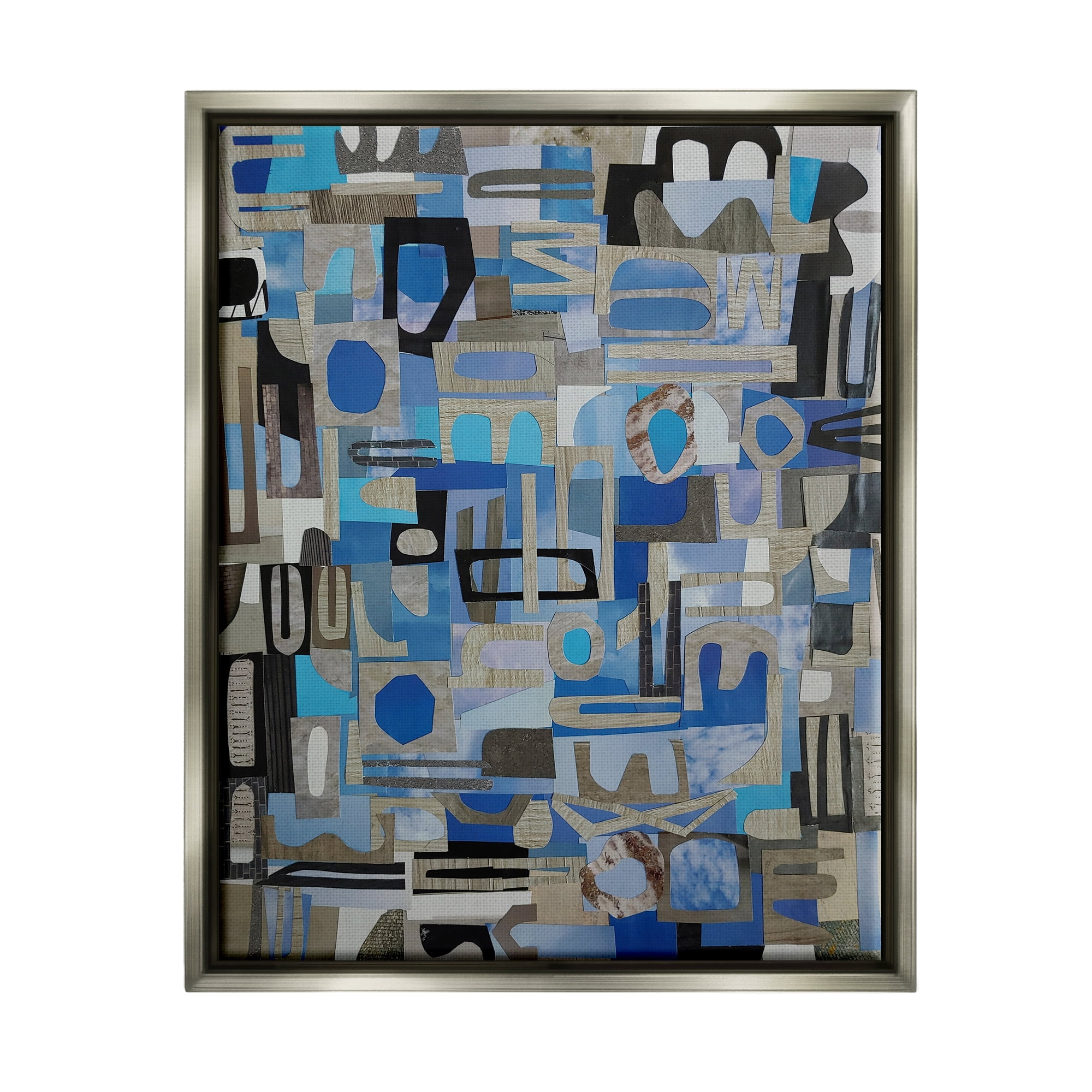 Stupell Blue Geometric Shapes Collage Abstract Painting Gray Floater Framed Art Print Wall Art