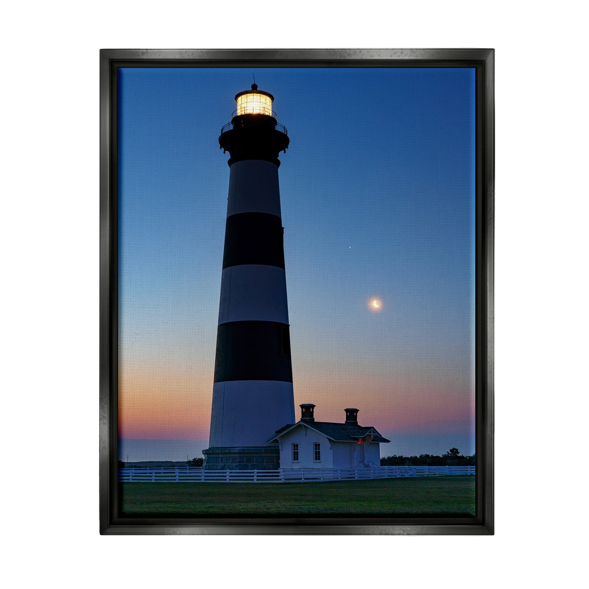 Stupell Blue Moonlit Lighthouse Coast Landscape Photography Black Floater Framed Art Print Wall Art