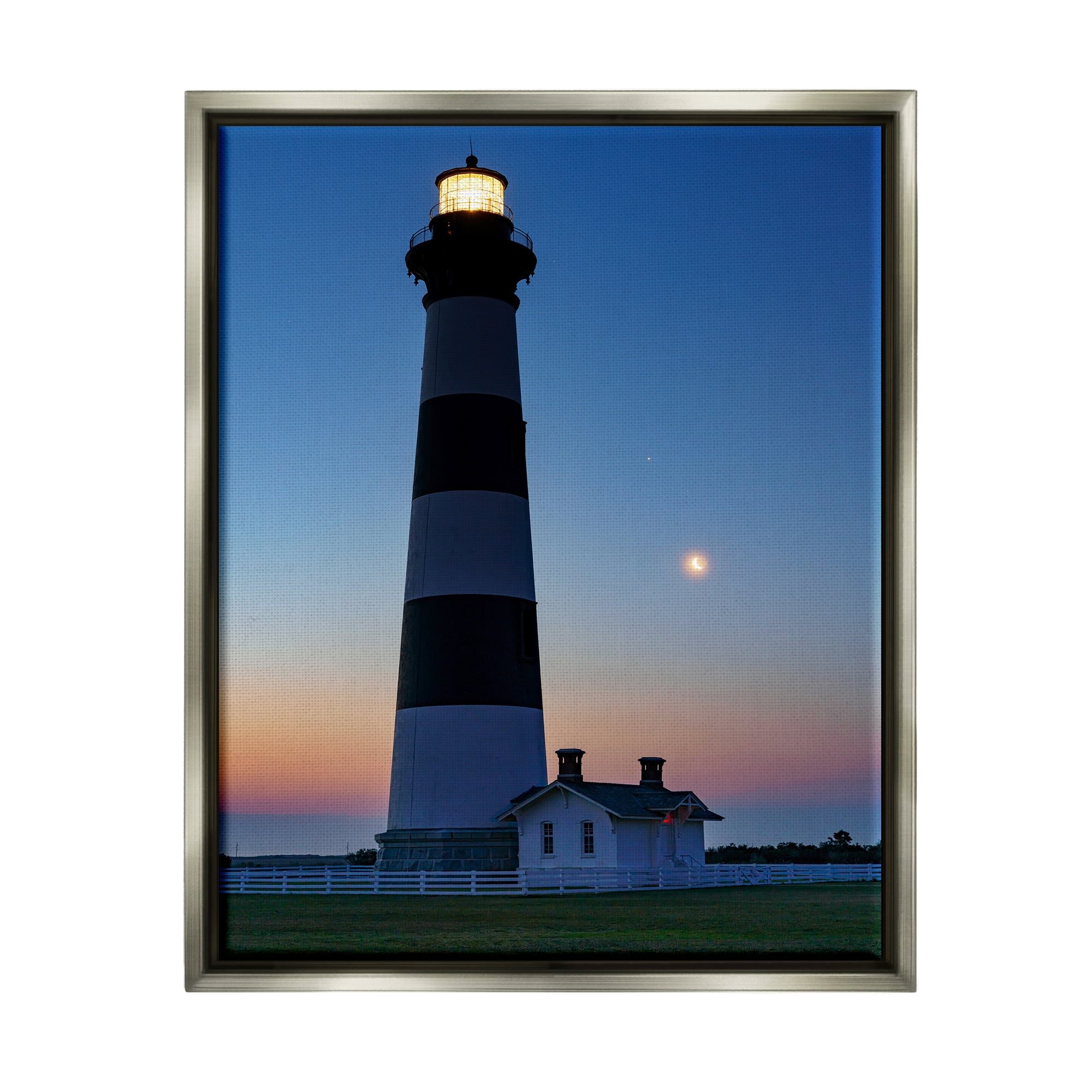 Stupell Blue Moonlit Lighthouse Coast Landscape Photography Gray Floater Framed Art Print Wall Art