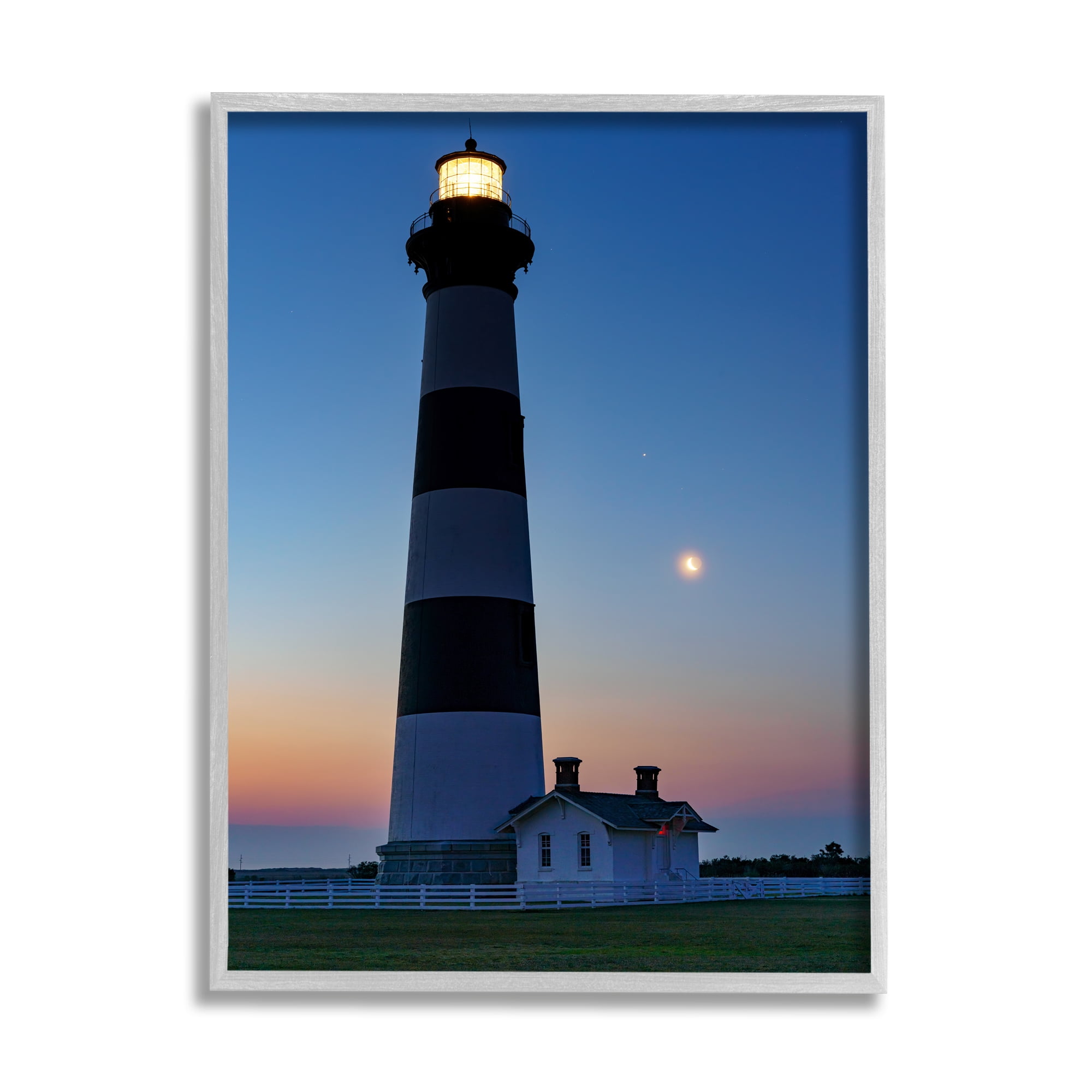 Stupell Blue Moonlit Lighthouse Coast Landscape Photography Gray Framed Art Print Wall Art