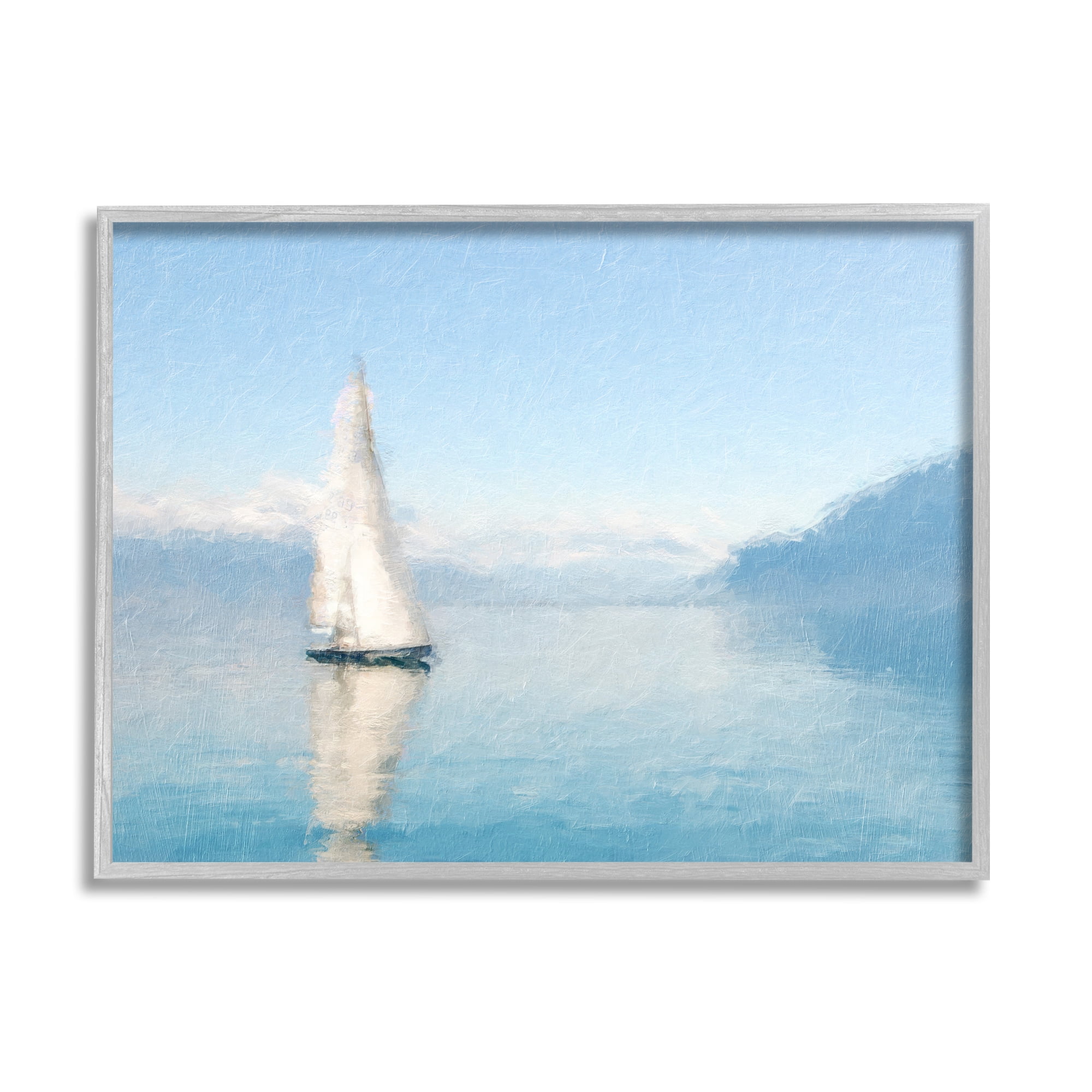 Stupell Blue Ocean Sailboat Sea Reflection Landscape Painting Gray Framed Art Print Wall Art