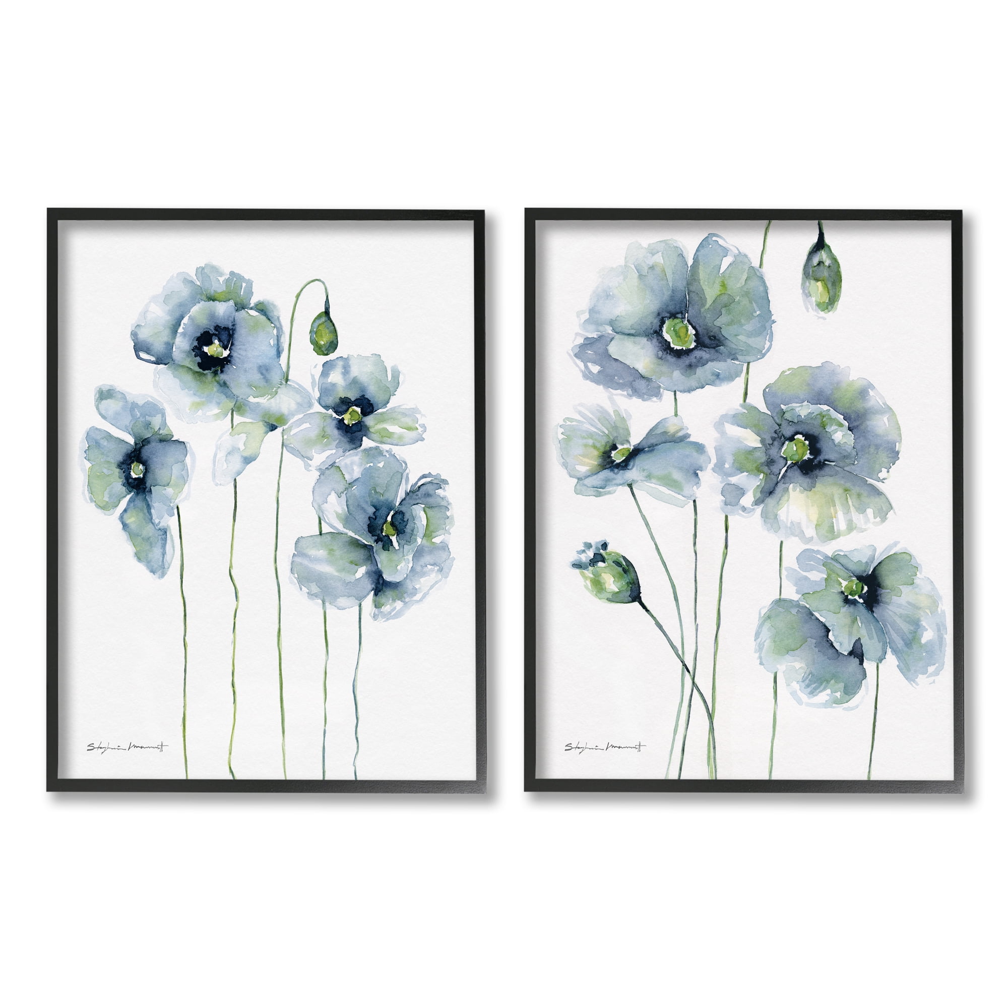 Stupell Blue Poppies Blooming Garden Flowers Botanical & Floral Painting Black Framed Art Print Wall Art, Set of 2