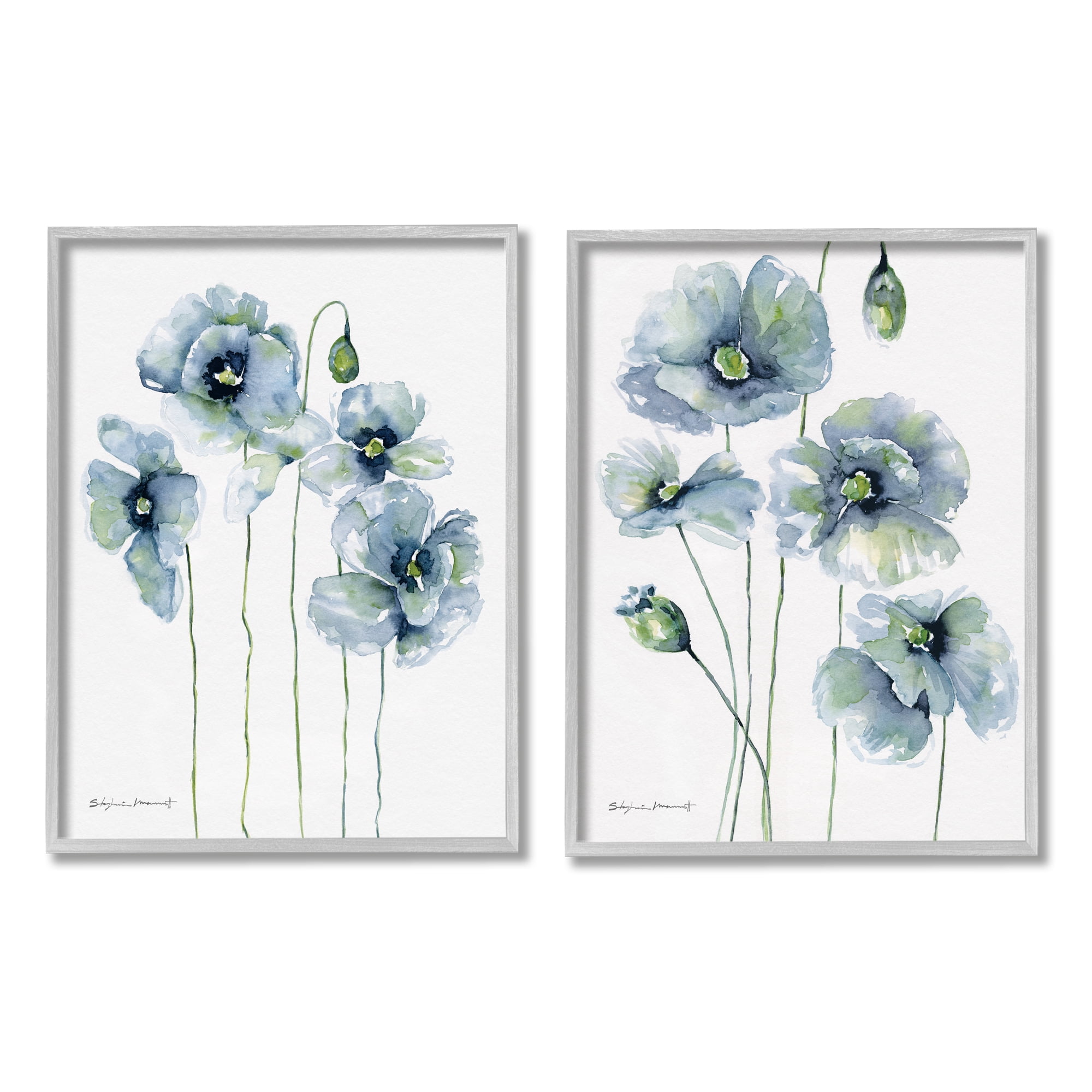 Stupell Blue Poppies Blooming Garden Flowers Botanical & Floral Painting Gray Framed Art Print Wall Art, Set of 2