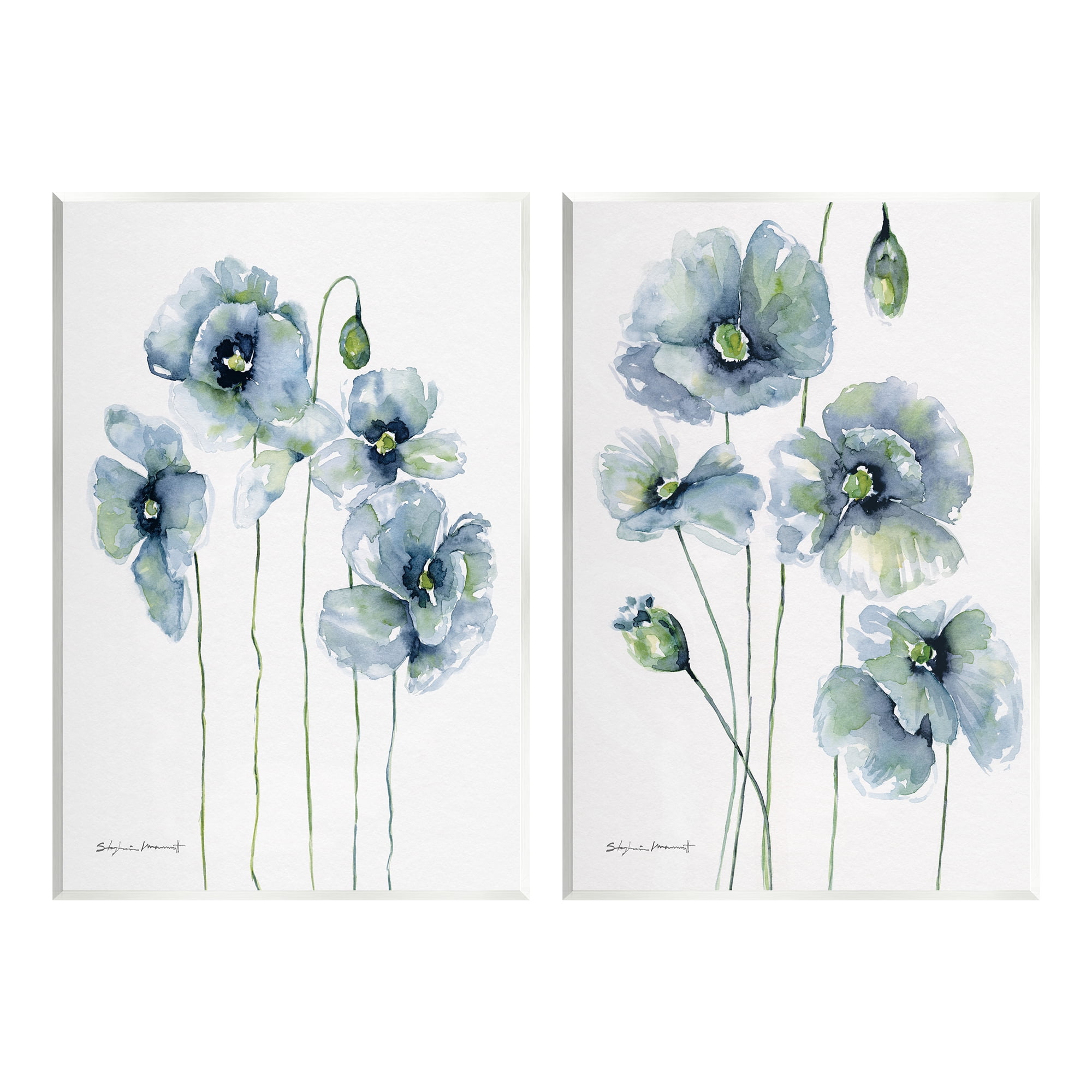 Stupell Blue Poppies Blooming Garden Flowers Botanical & Floral Painting Wall Plaque Unframed Art Print Wall Art, Set of 2