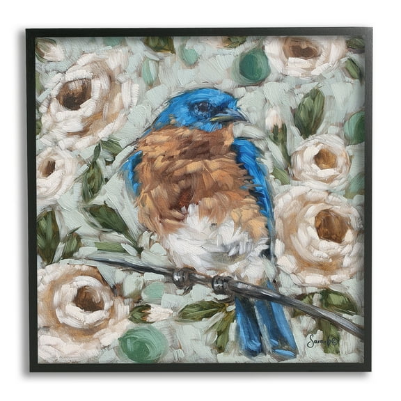 Stupell Bluebird Perched Floral Blooms Animals & Insects Painting Black Framed Art Print Wall Art
