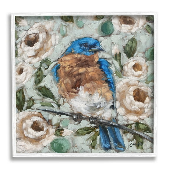 Stupell Bluebird Perched Floral Blooms Animals & Insects Painting White Framed Art Print Wall Art