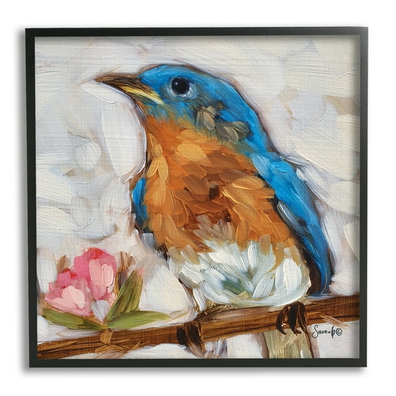 Stupell Bluebird Wildlife Blooming Flower Tree Animals & Insects Painting Black Framed Art Print Wall Art