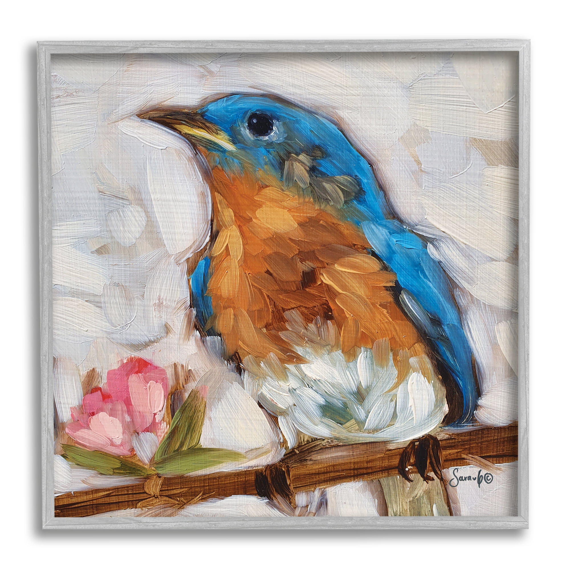 Stupell Bluebird Wildlife Blooming Flower Tree Animals & Insects Painting Gray Framed Art Print Wall Art