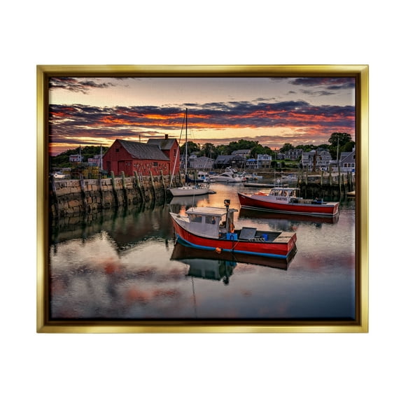 Stupell Boat Harbor Sunset Photography Landscape Photography Gold Floater Framed Art Print Wall Art