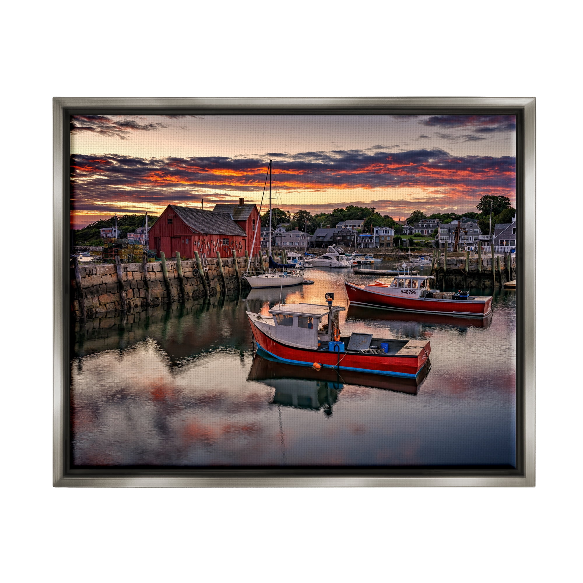 Stupell Boat Harbor Sunset Photography Landscape Photography Gray Floater Framed Art Print Wall Art