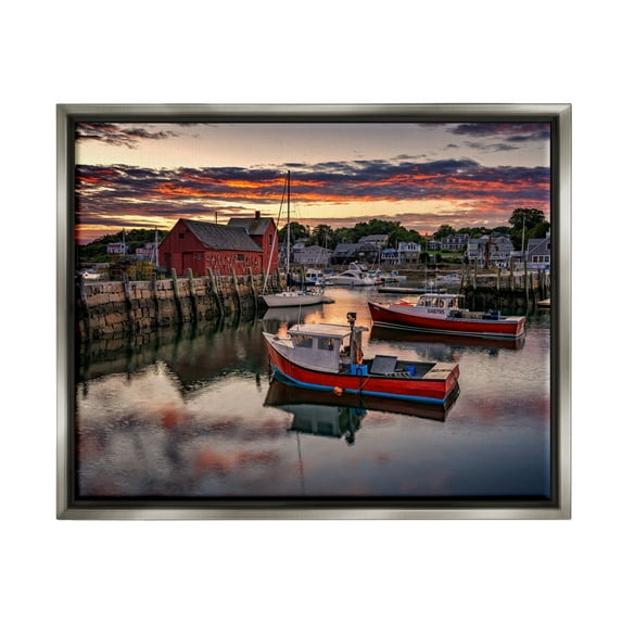 Stupell Boat Harbor Sunset Photography Landscape Photography Gray Floater Framed Art Print Wall Art