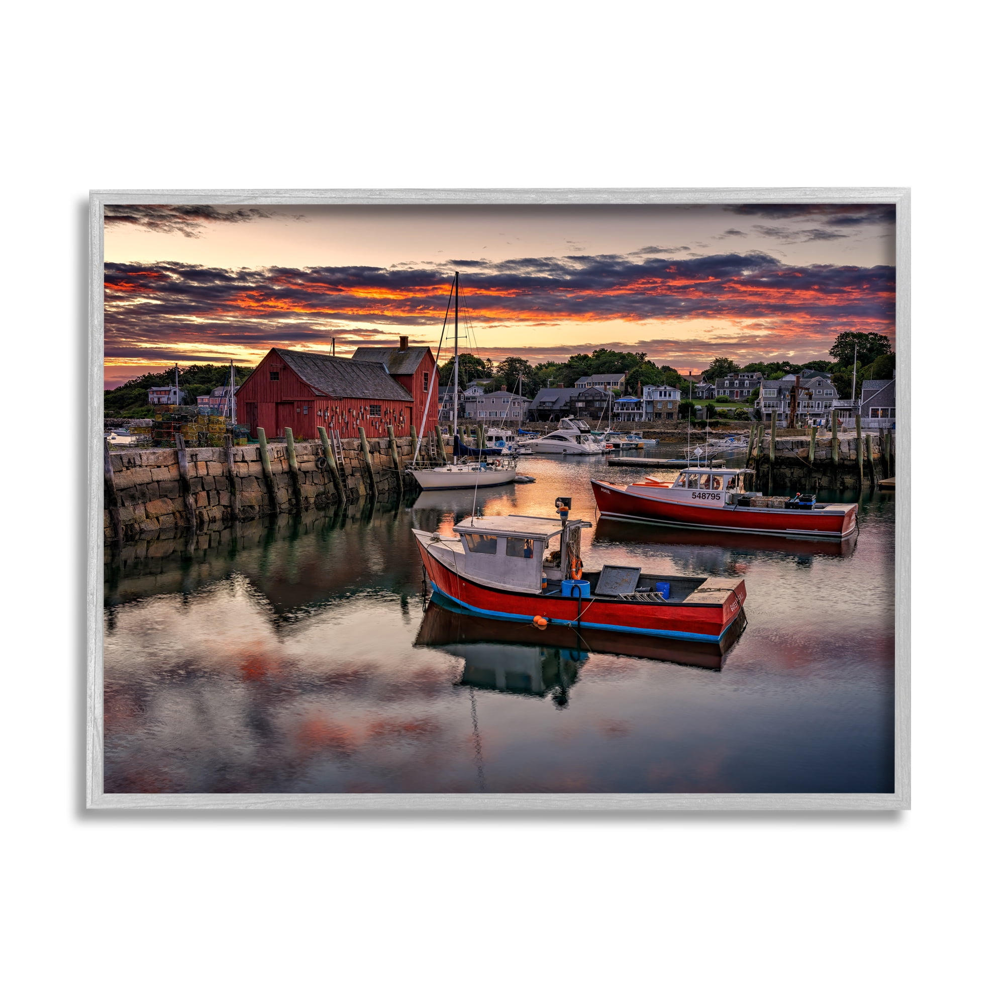 Stupell Boat Harbor Sunset Photography Landscape Photography Gray Framed Art Print Wall Art