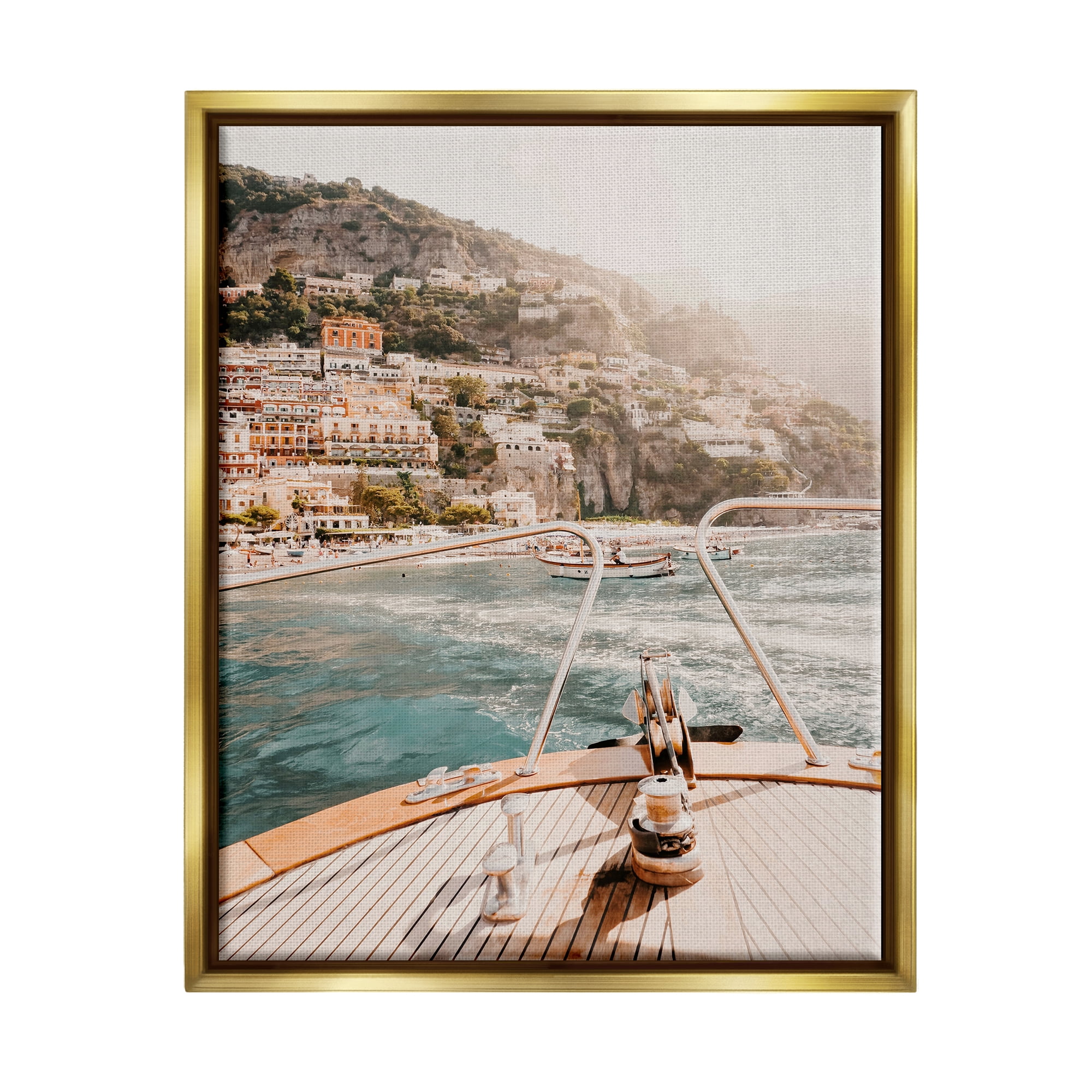 Stupell Boating Coastal Seaside Town Buildings Landscape Photography Gold Floater Framed Art Print Wall Art