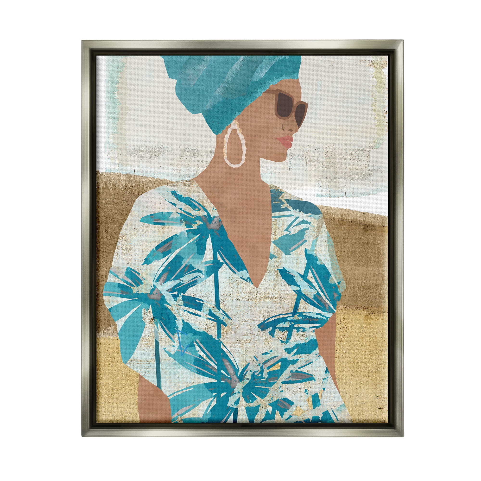 Stupell Boho Girl Portrait Collage Botanical & Floral Painting Gray Floater Framed Art Print Wall Art
