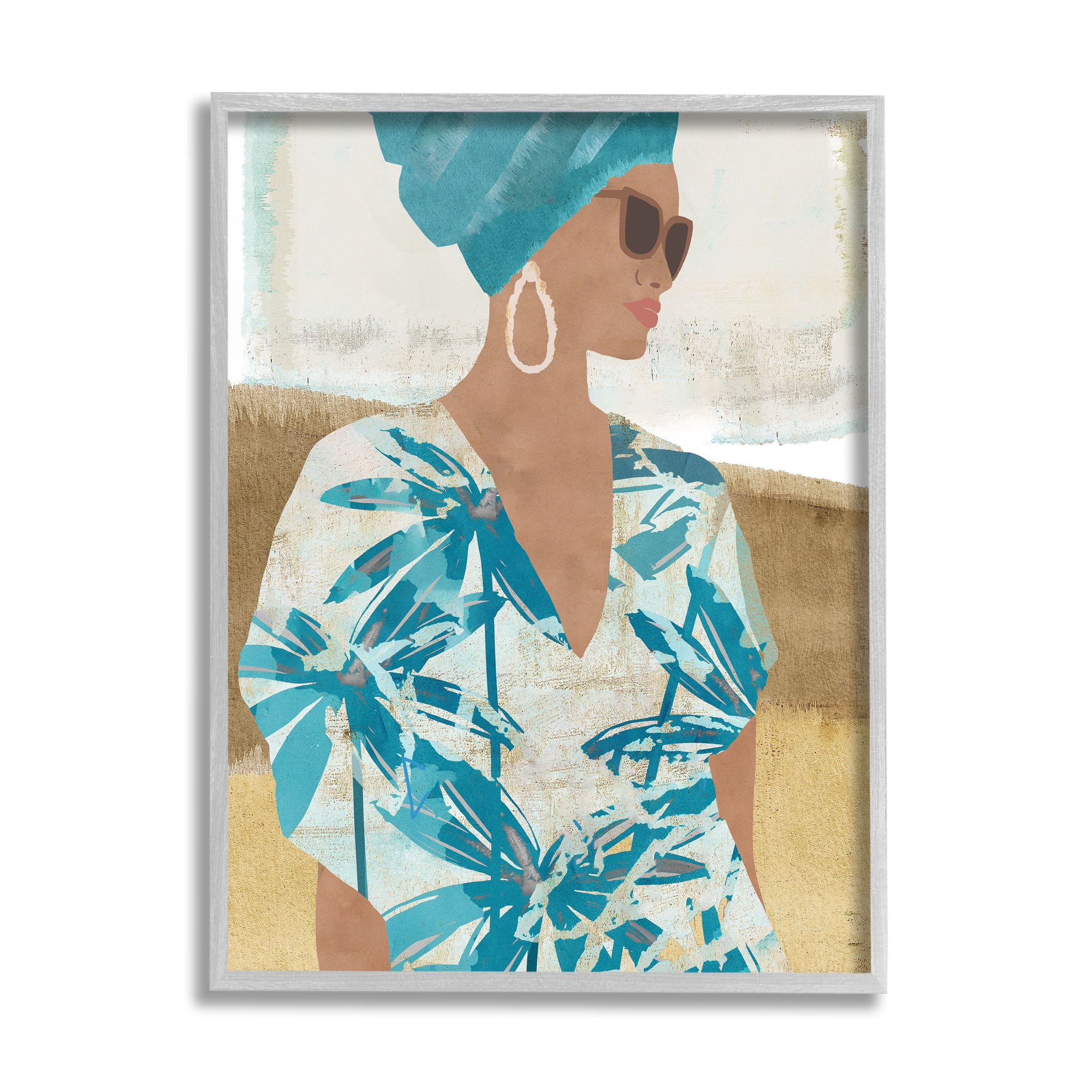 Stupell Boho Girl Portrait Collage Botanical & Floral Painting Gray Framed Art Print Wall Art