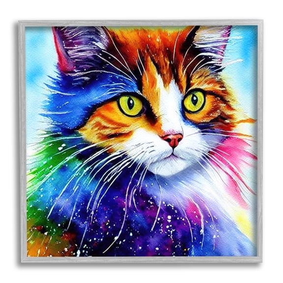 Stupell Bold Rainbow Cat Face Portrait Animals & Insects Painting Gray Framed Art Print Wall Art