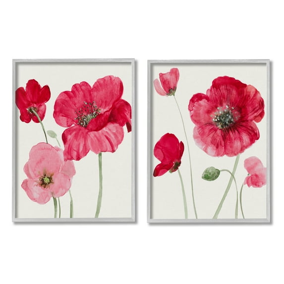 Stupell Bold Red Poppies Romantic Blooms Botanical & Floral Painting Gray Framed Art Print Wall Art, Set of 2