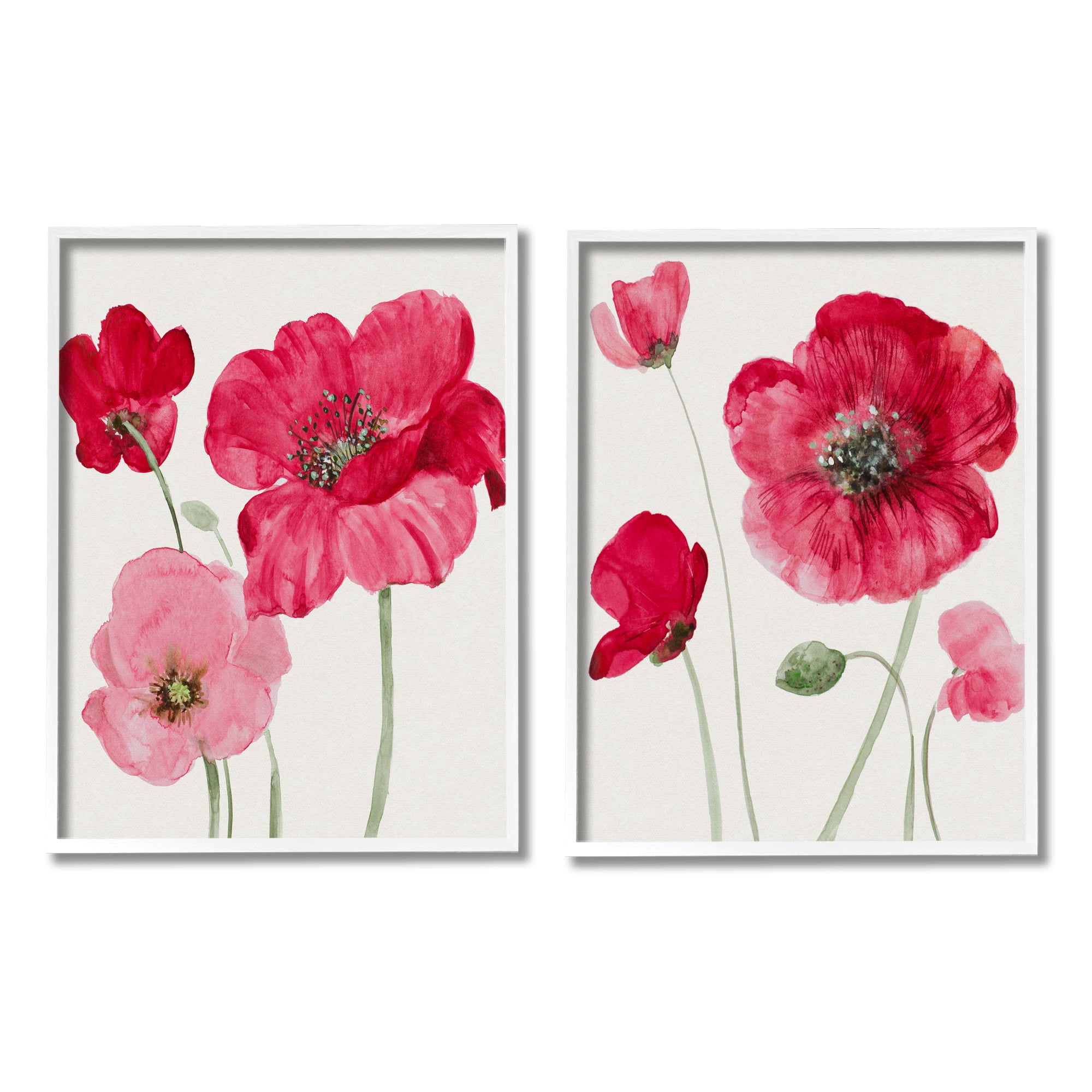 Stupell Bold Red Poppies Romantic Blooms Botanical & Floral Painting White Framed Art Print Wall Art, Set of 2