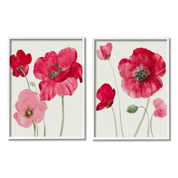 Stupell Bold Red Poppies Romantic Blooms Botanical & Floral Painting White Framed Art Print Wall Art, Set of 2